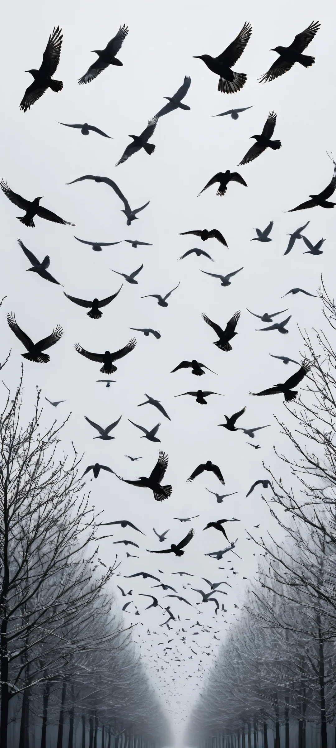A flock of birds takes flight amidst a vast gray backdrop with a simple landscape silhouette, parfaitement optimisé pour les écrans d'accueil iPhone et Android.