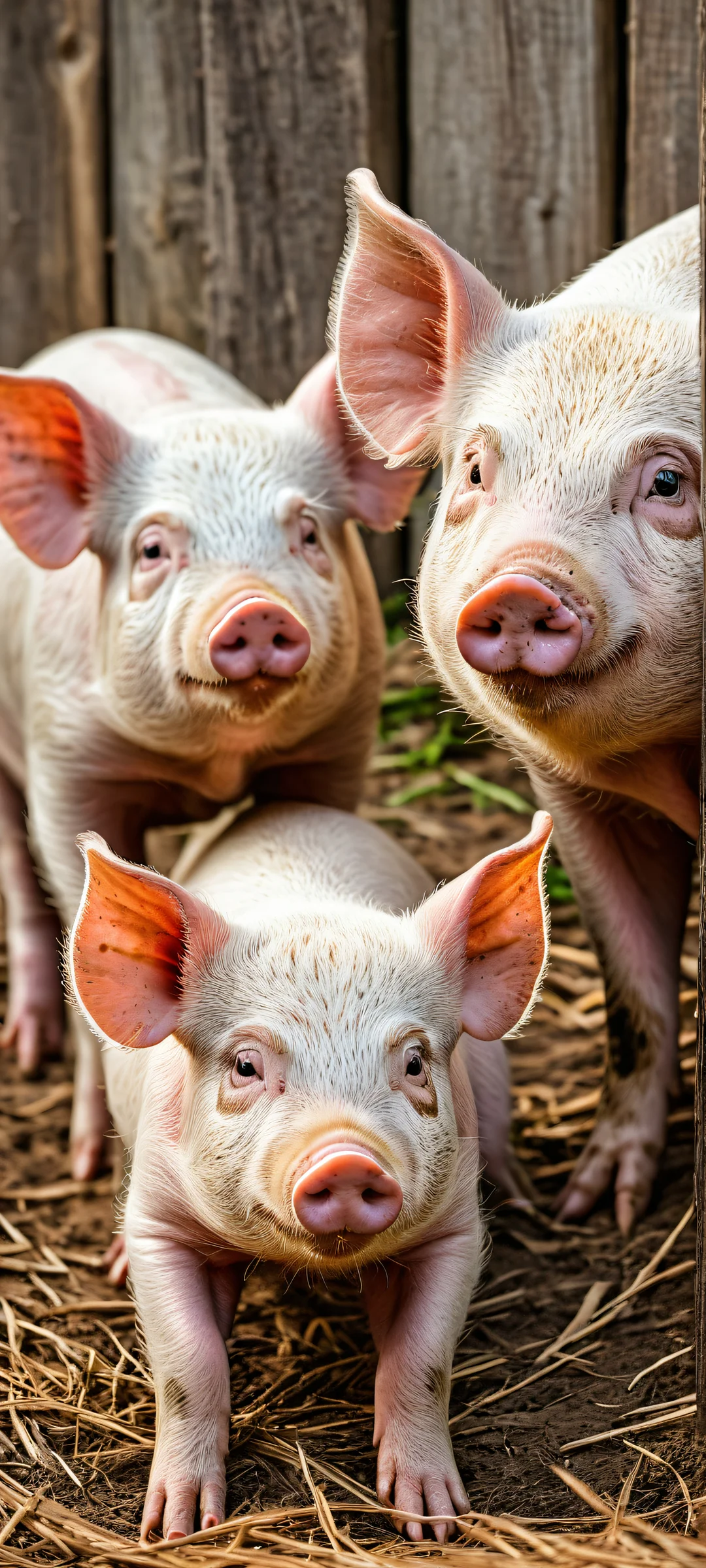Beautiful vertical portrait of two pigs on a rustic wooden wall with intricate details and soft ethereal lighting, perfect for iPhone/Android home screens.