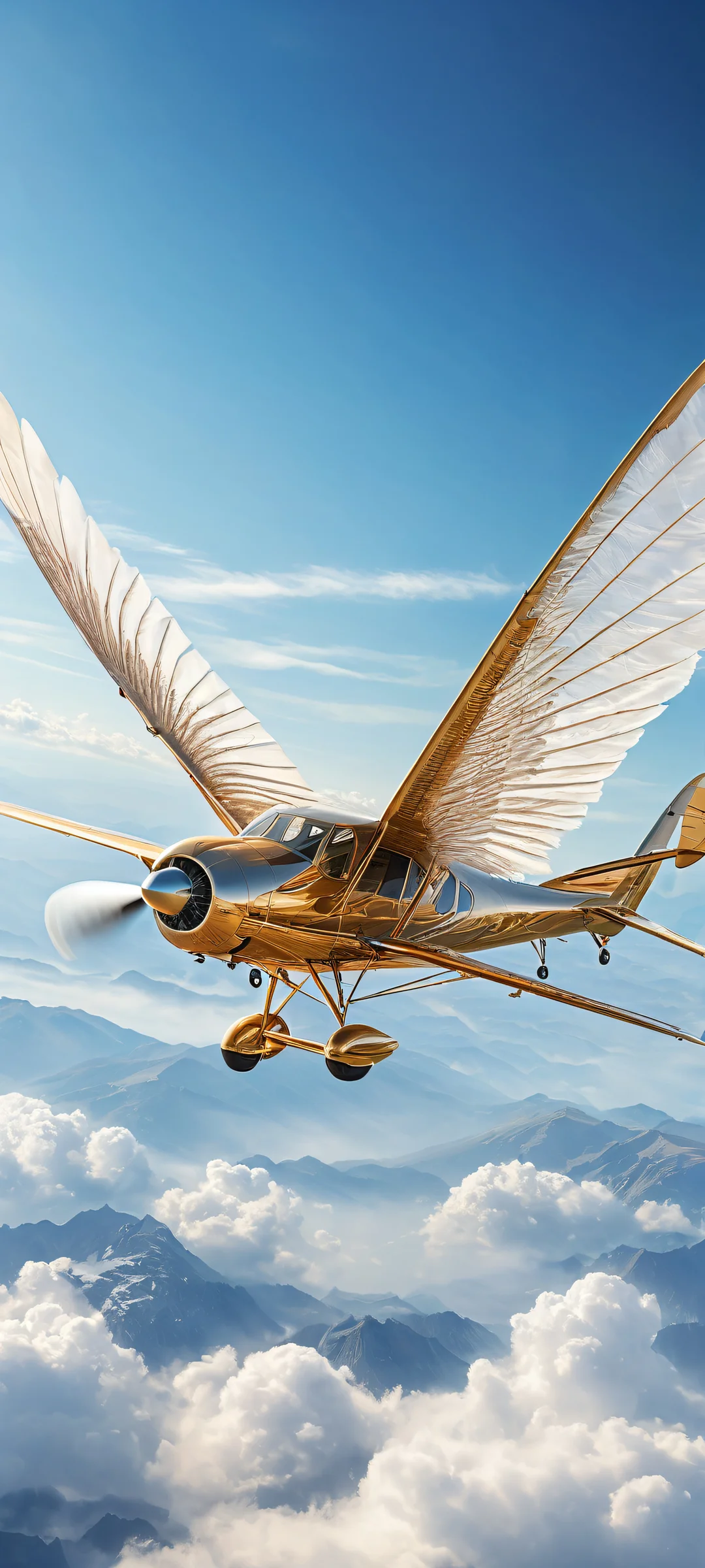 A majestic flying machine in flight over a stunning aerial landscape on your iPhone or Android home screen.