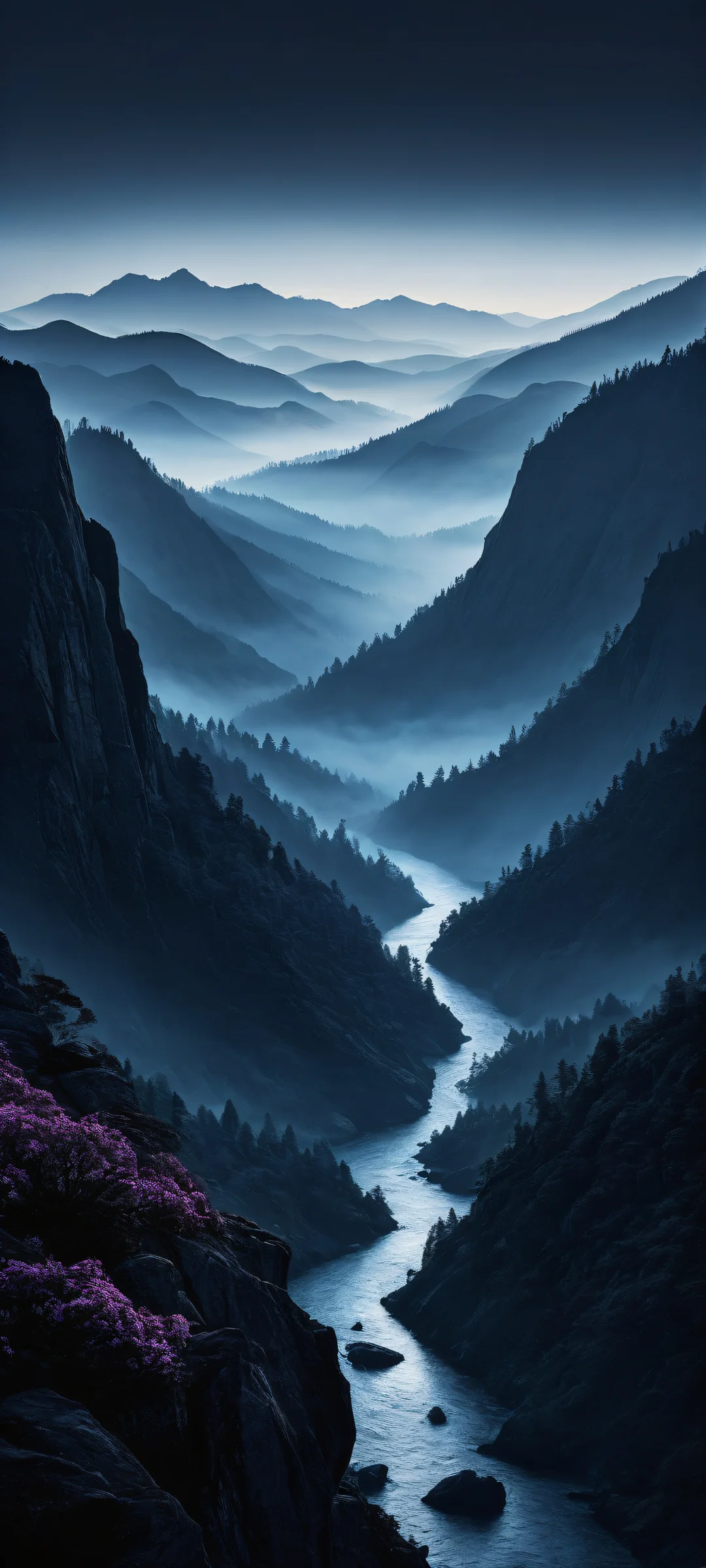 Mysterious foggy valley landscape with iPhone/Android UI integration potential, perfect for dark mode home screens.