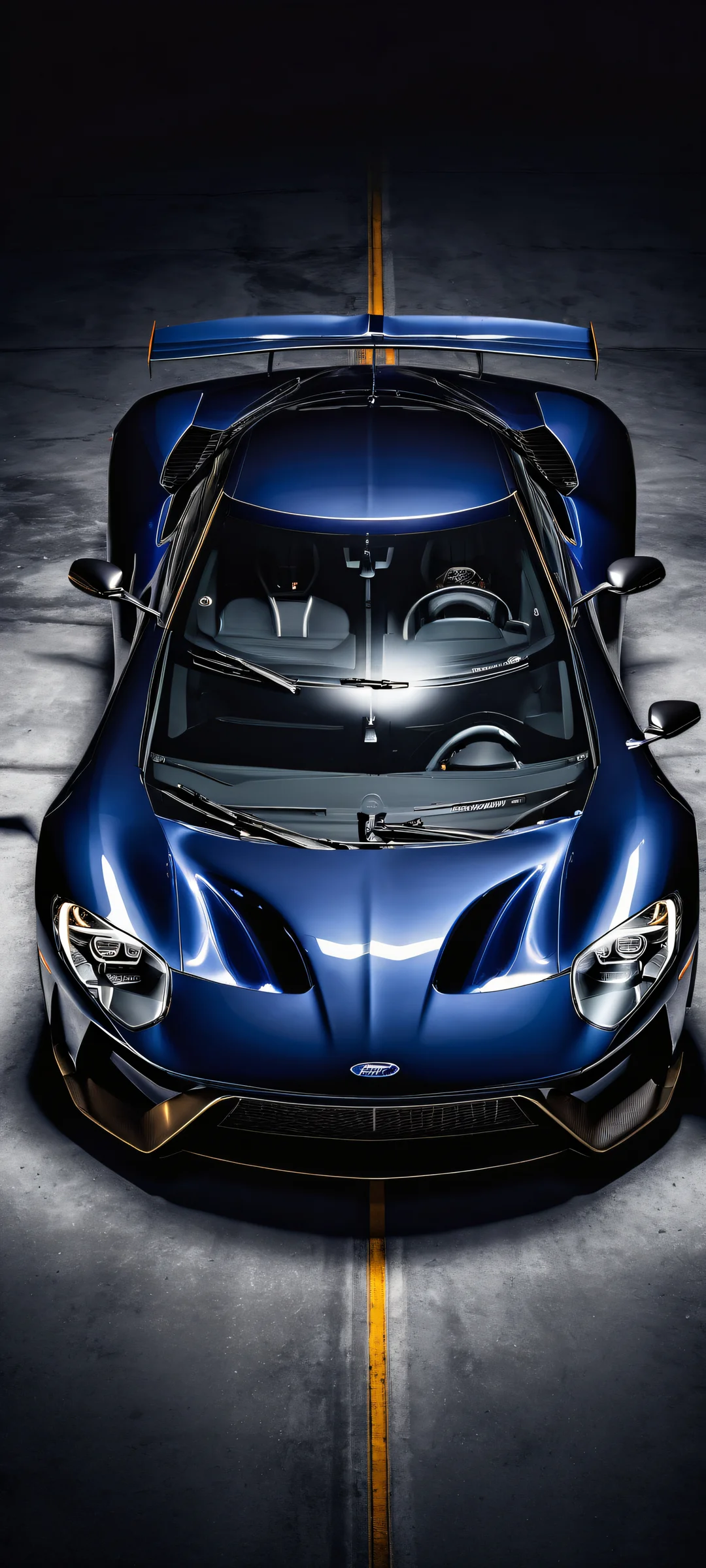 A Ford GT MKIV in dark mode with intricate details on the engine and body, Perfekt saubere obere Hälfte für die Benutzeroberfläche, iPhone/Android-kompatibel