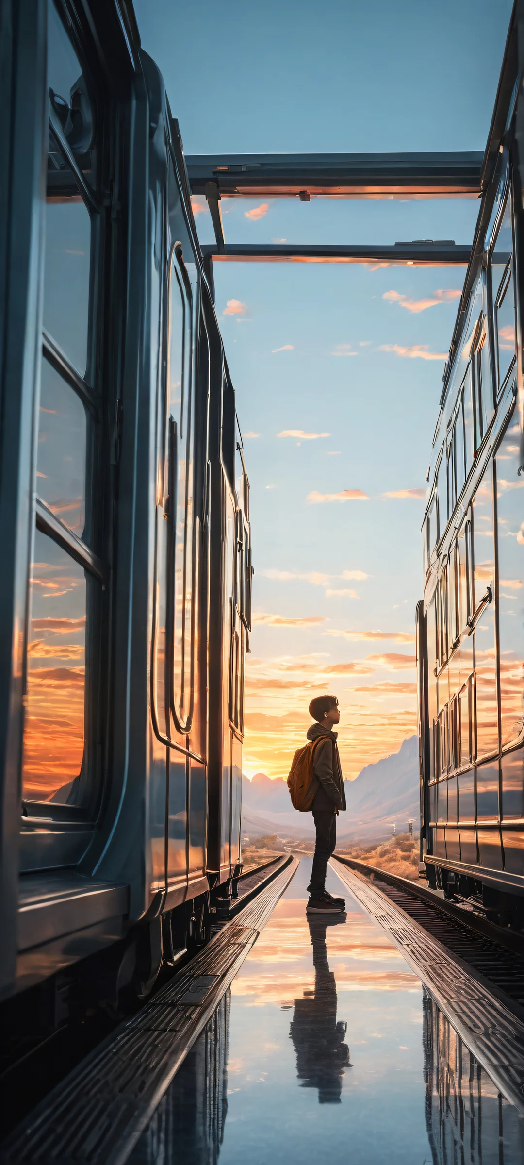 A boy standing in a train doorway as the station around him fractures into floating rectangular panels. iPhone用に完全に最適化, サムスンギャラクシー, と Android のホーム画面.