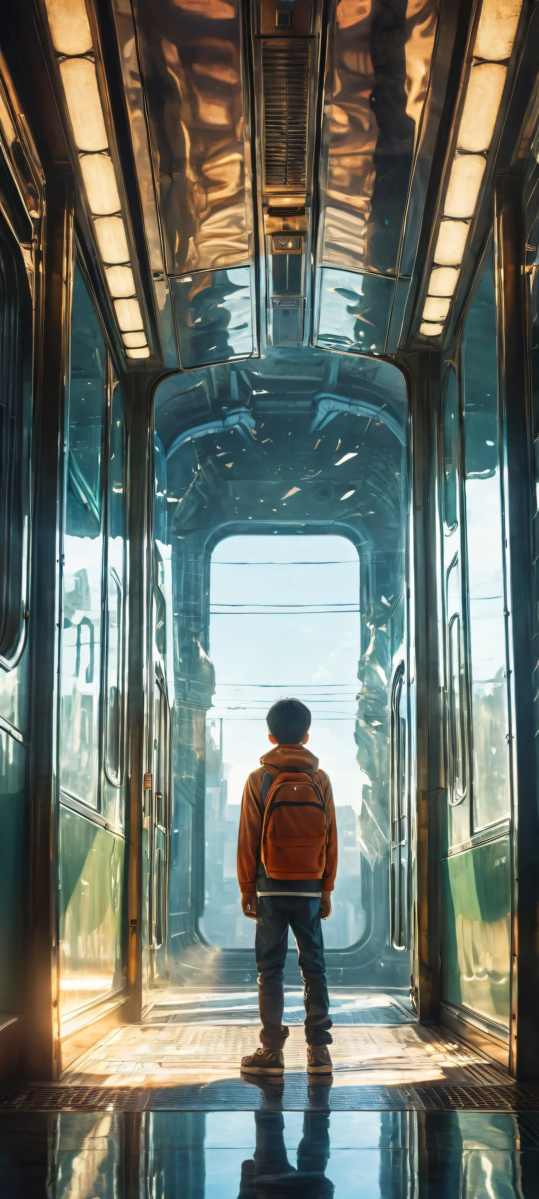 A boy stands in a train doorway as the station around him shatters into floating panels, reminiscent of memories peeling away. Perfectly optimized for iPhone and Android home screens.