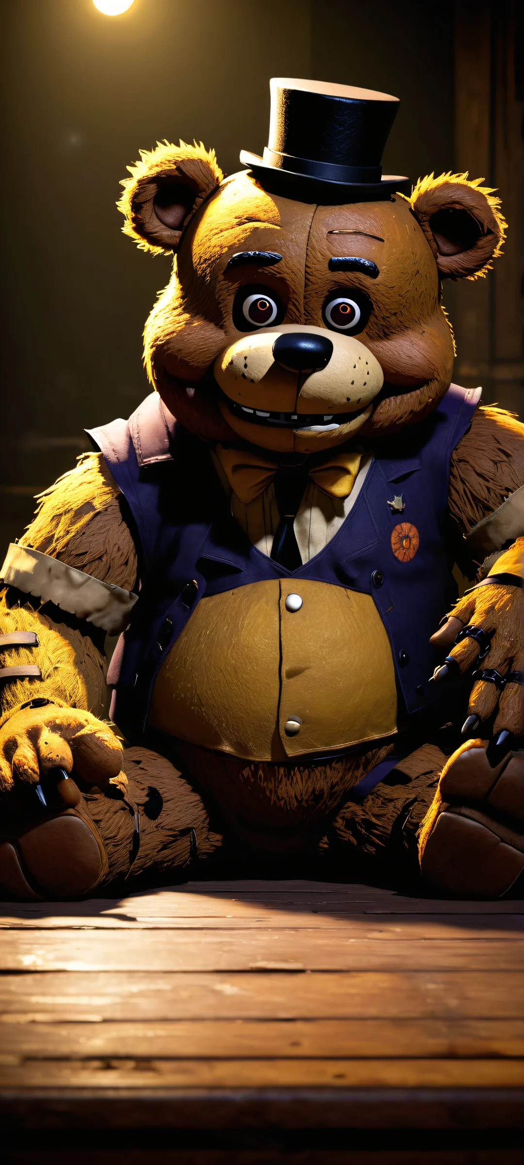 A haunting portrait of Freddy Fazbear with intricate details and a dark atmosphere, perfekt optimiert für das iPhone, Samsung Galaxy, und Android-Startbildschirme.