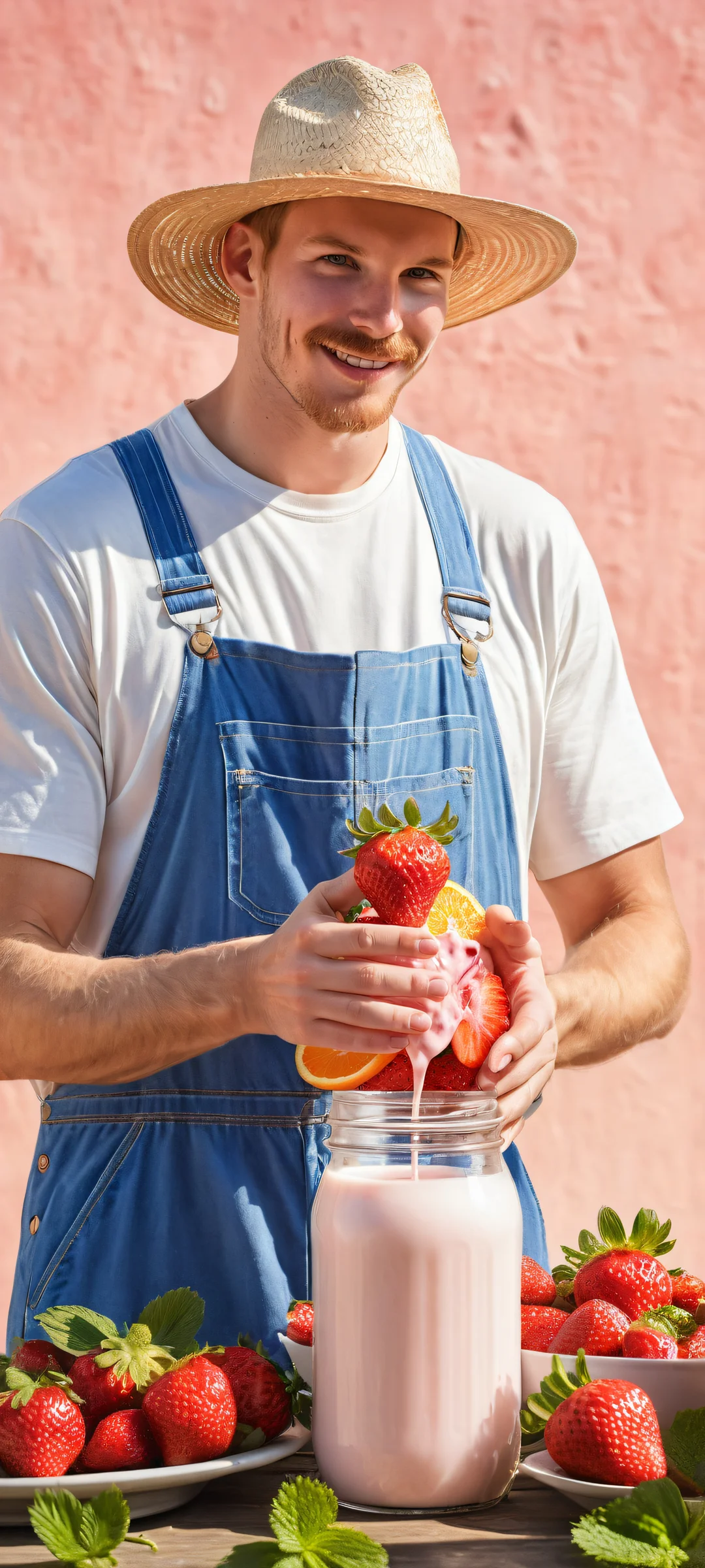 Fresh Harvest Delight QHD Smartphone Background A stunning farm scene of a cow-sized strawberry, orange, and blueberry being milked by a farmer on an iPhone or Android device.