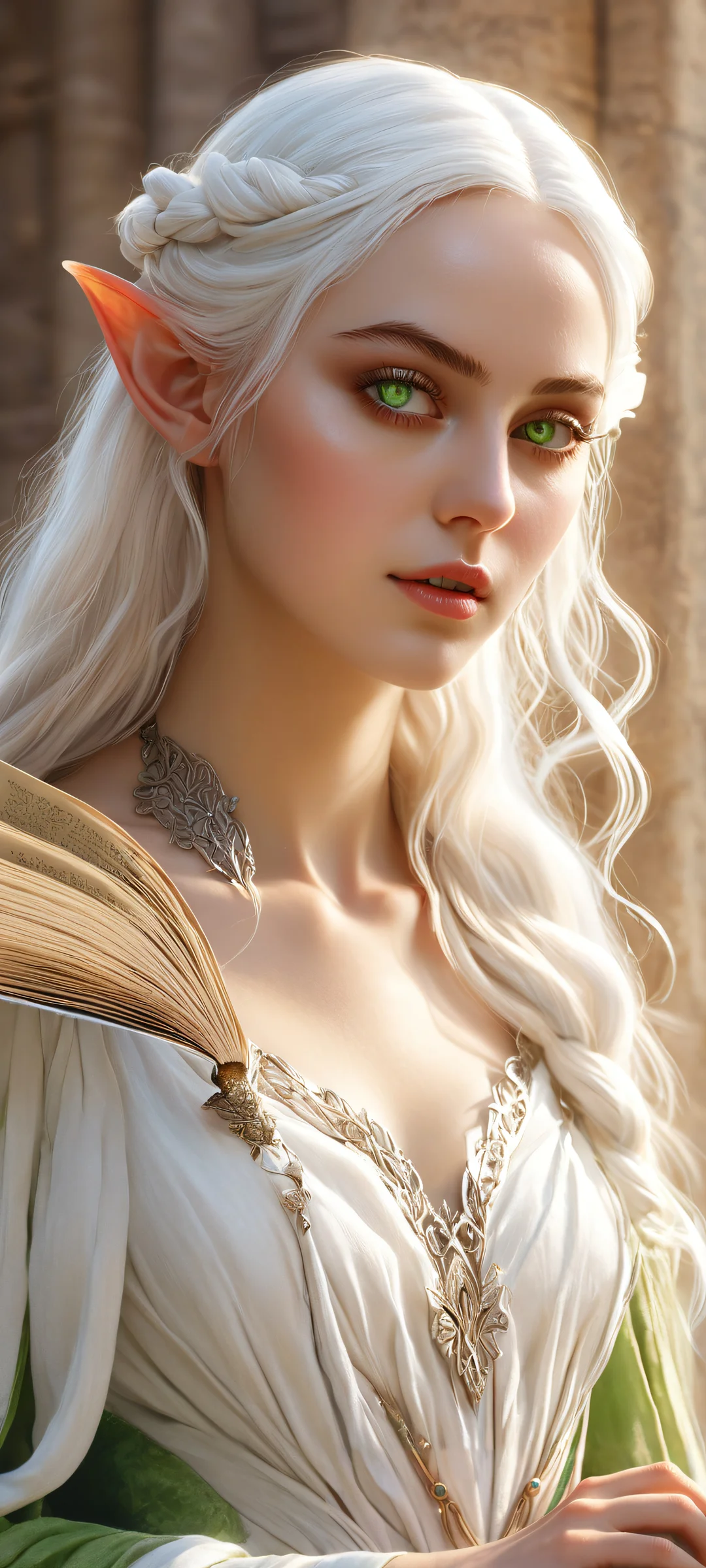 Frieren holding a book, looking directly at the viewer with piercing green eyes on iPhone/Android wallpaper