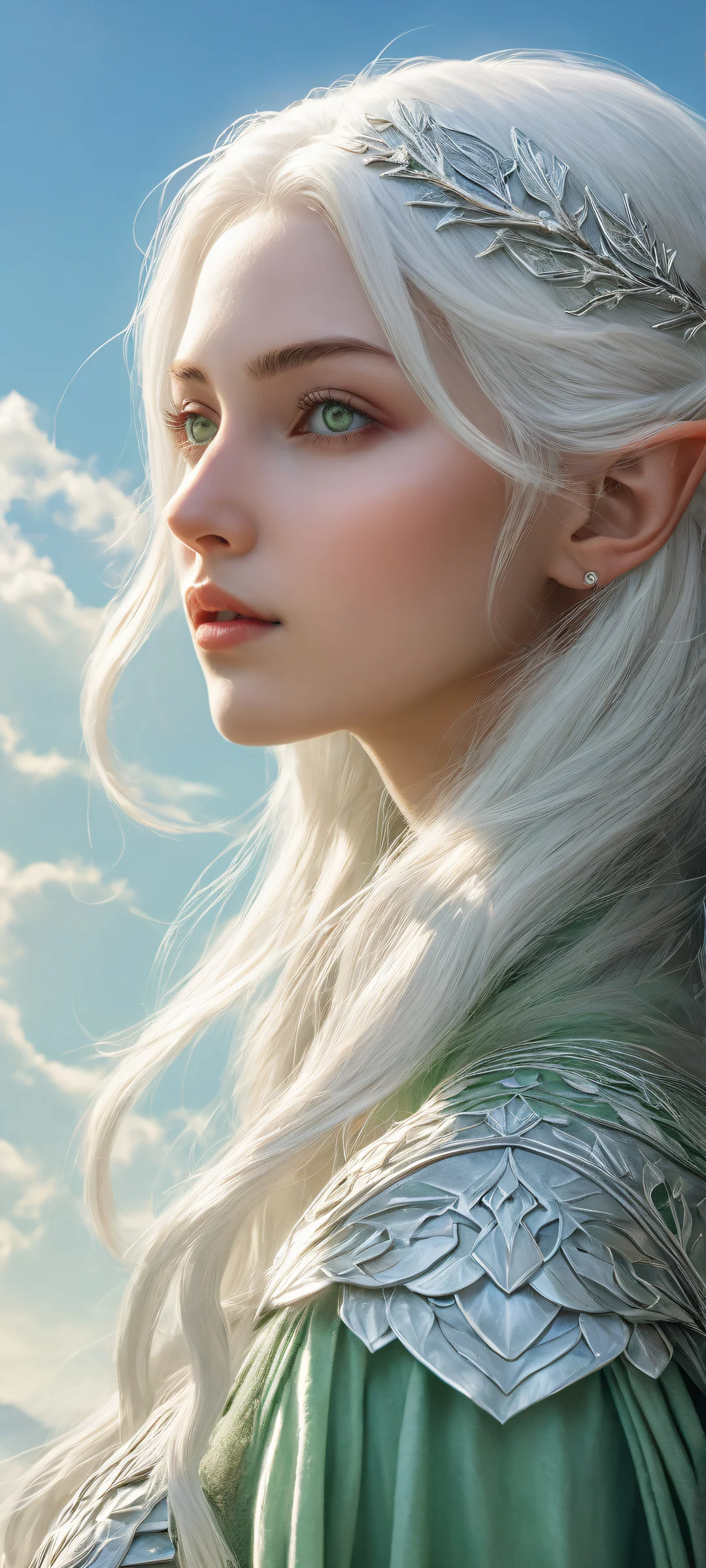 A breathtaking iPhone and Android wallpaper featuring Frieren, an elf girl with white hair, placed in the lower-middle with insane micro-details and intricate textures. Perfectly optimized for home screens.