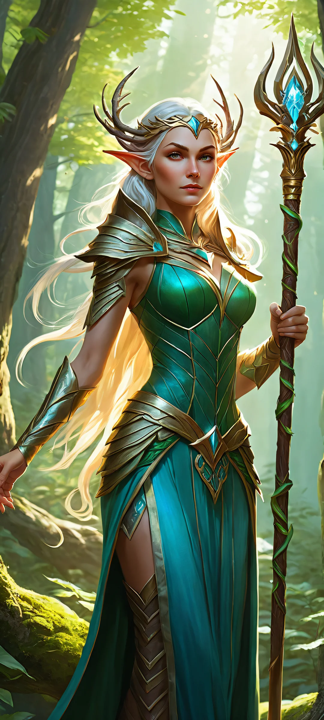 Frieren, the powerful elf girl, showcases her magical prowess with intricate staff and statue details against a serene forest backdrop on an iPhone or Android device.