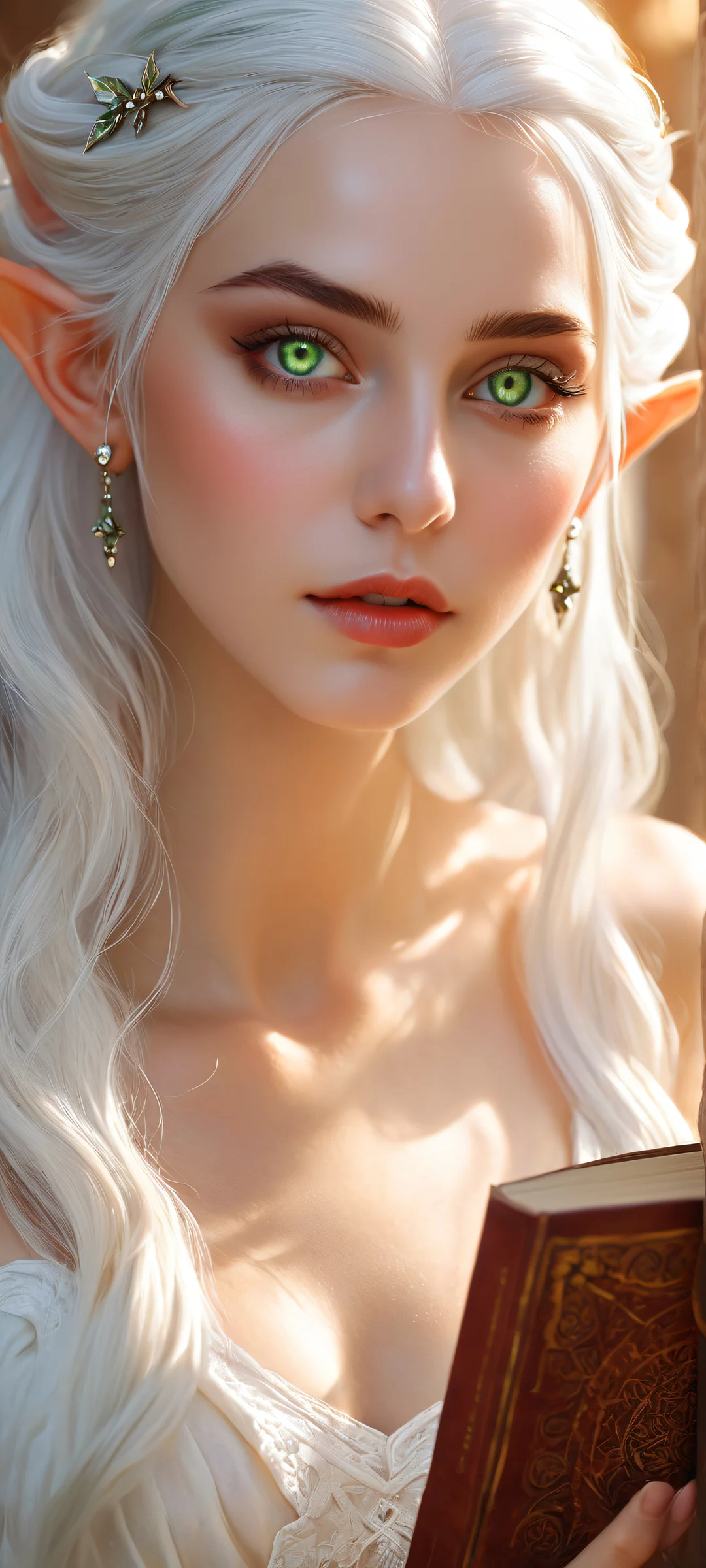 Elf girl Frieren holds a book in front of a vast pure void, perfectly optimized for iPhone and Android home screens.