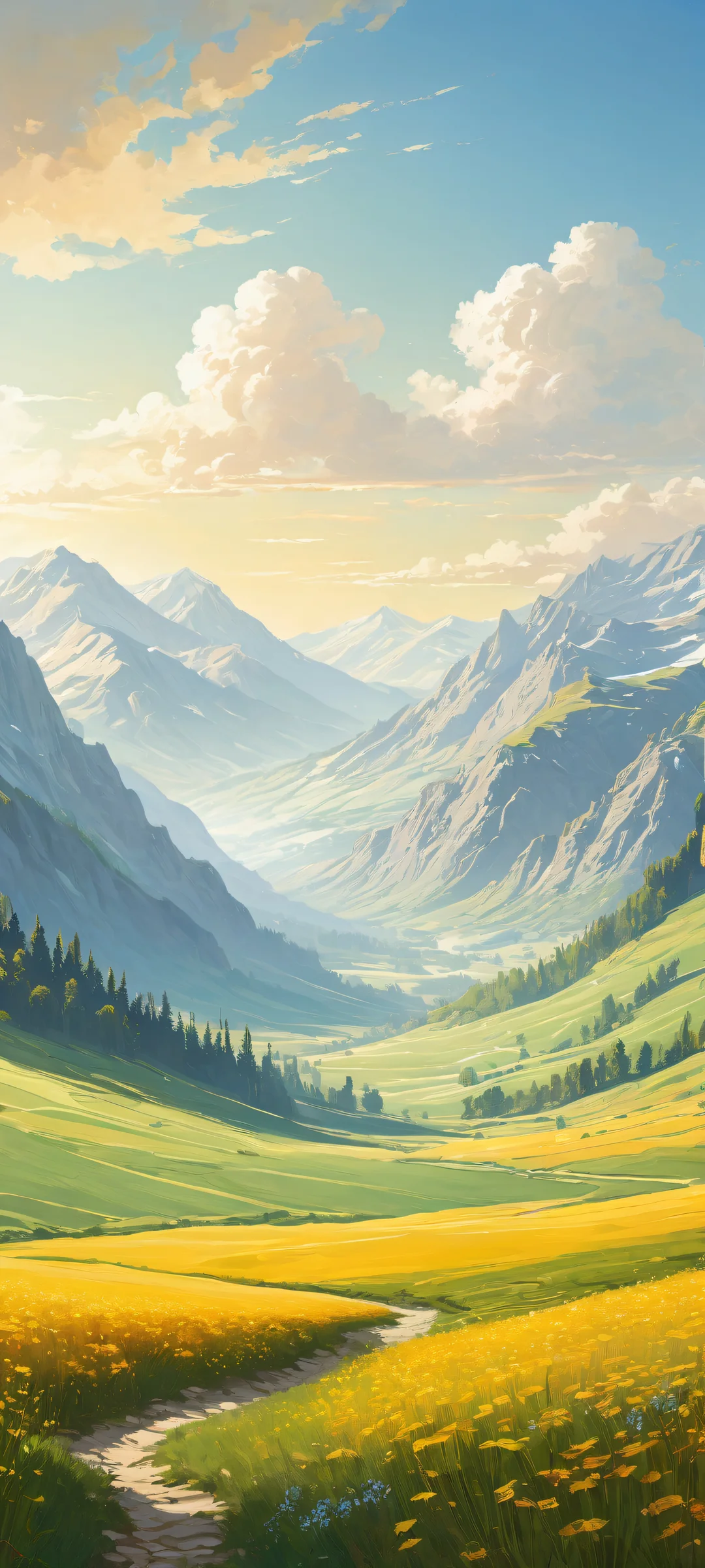 Breathtaking vertical portrait of Frieren on a pure void background, seamlessly transitioning to a stunning 4K landscape with rolling hills and distant mountains, perfectly optimized for iPhone/Android home screens.