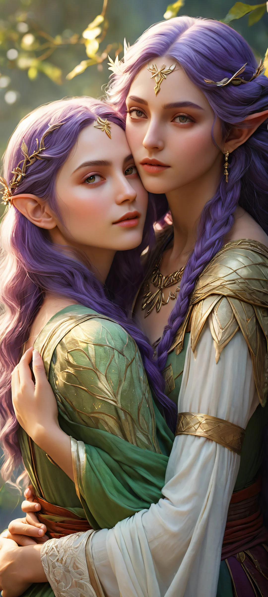 A breathtaking digital artwork of Frieren embracing another woman, perfectly optimized for iPhone/Android home screens.