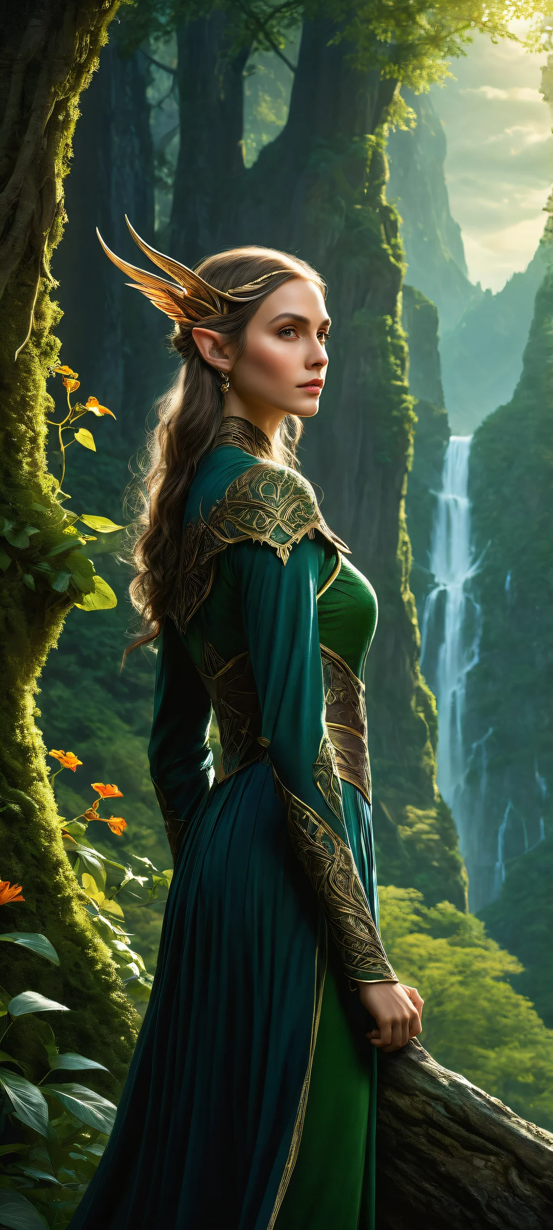 Elf girl Frieren sits in the lush forest, surrounded by vibrant flowers and wispy clouds. Perfectly optimized for iPhone, Samsung Galaxy, and Android home screens.