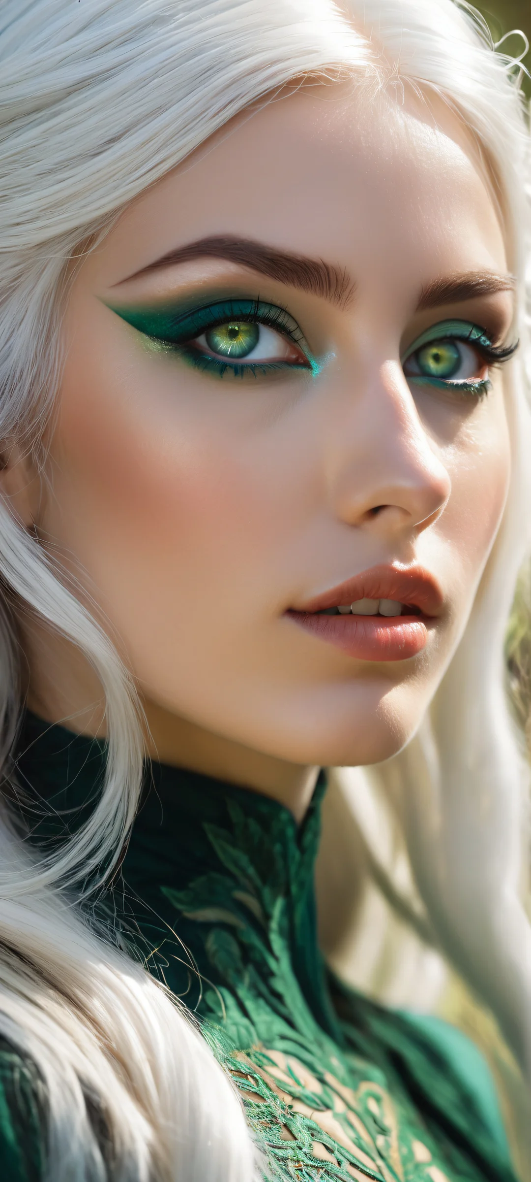 Breathtaking vertical portrait artwork of Frieren, the elf girl with striking green eyes and long white hair, perfectly optimized for iPhone, Samsung Galaxy, and Android home screens.