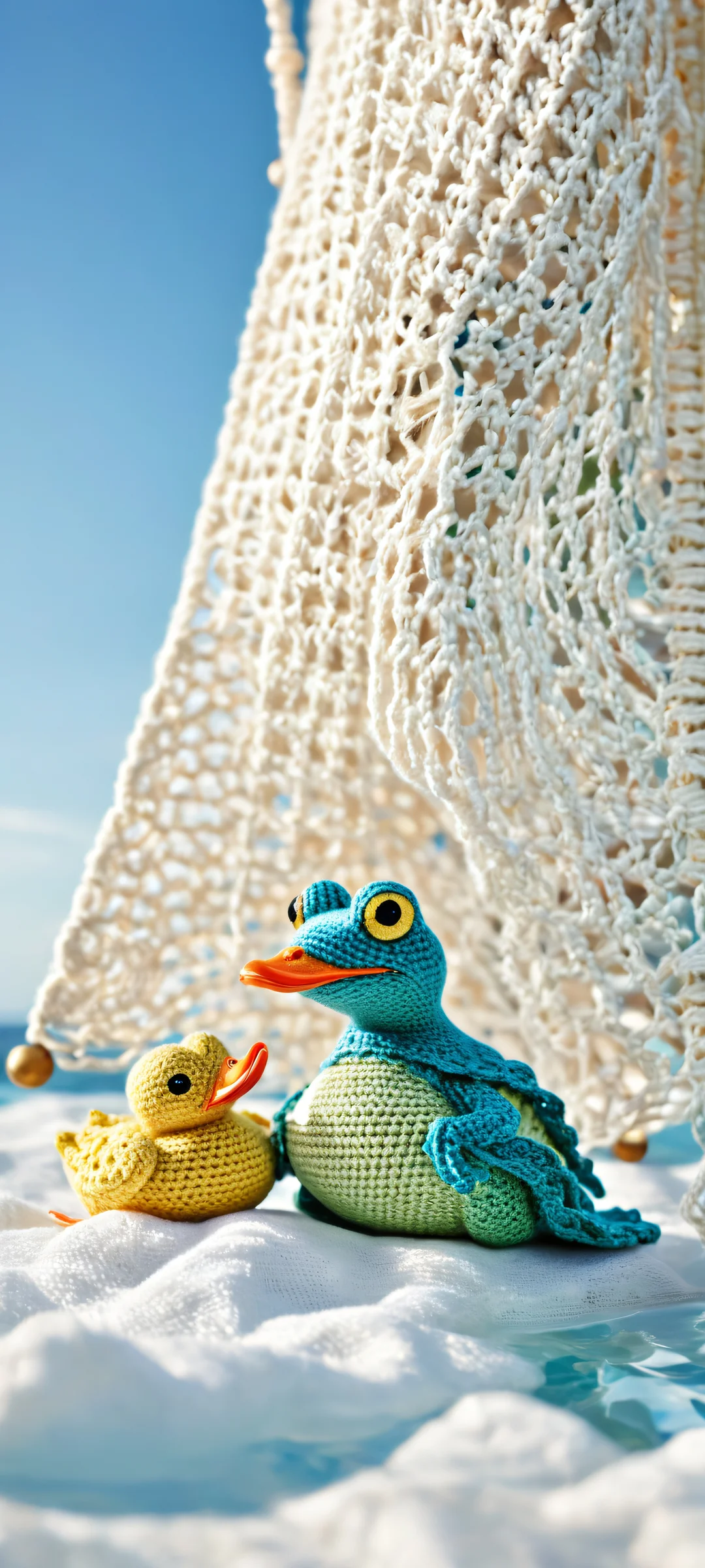 A beautifully crafted crocheted frog and duck duo on a majestic ship's stern, perfectly optimized for iPhone, Samsung Galaxy, and Android home screens.