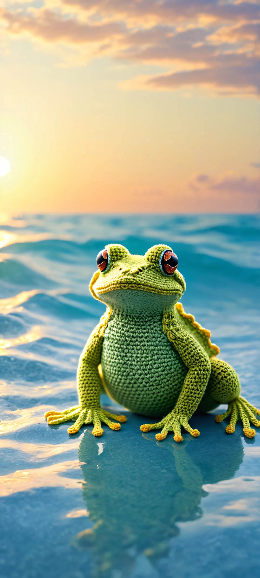 A beautifully crafted crocheted frog hugs a crocheted duck on an ethereal blue background, perfect for iPhone/Android home screens.