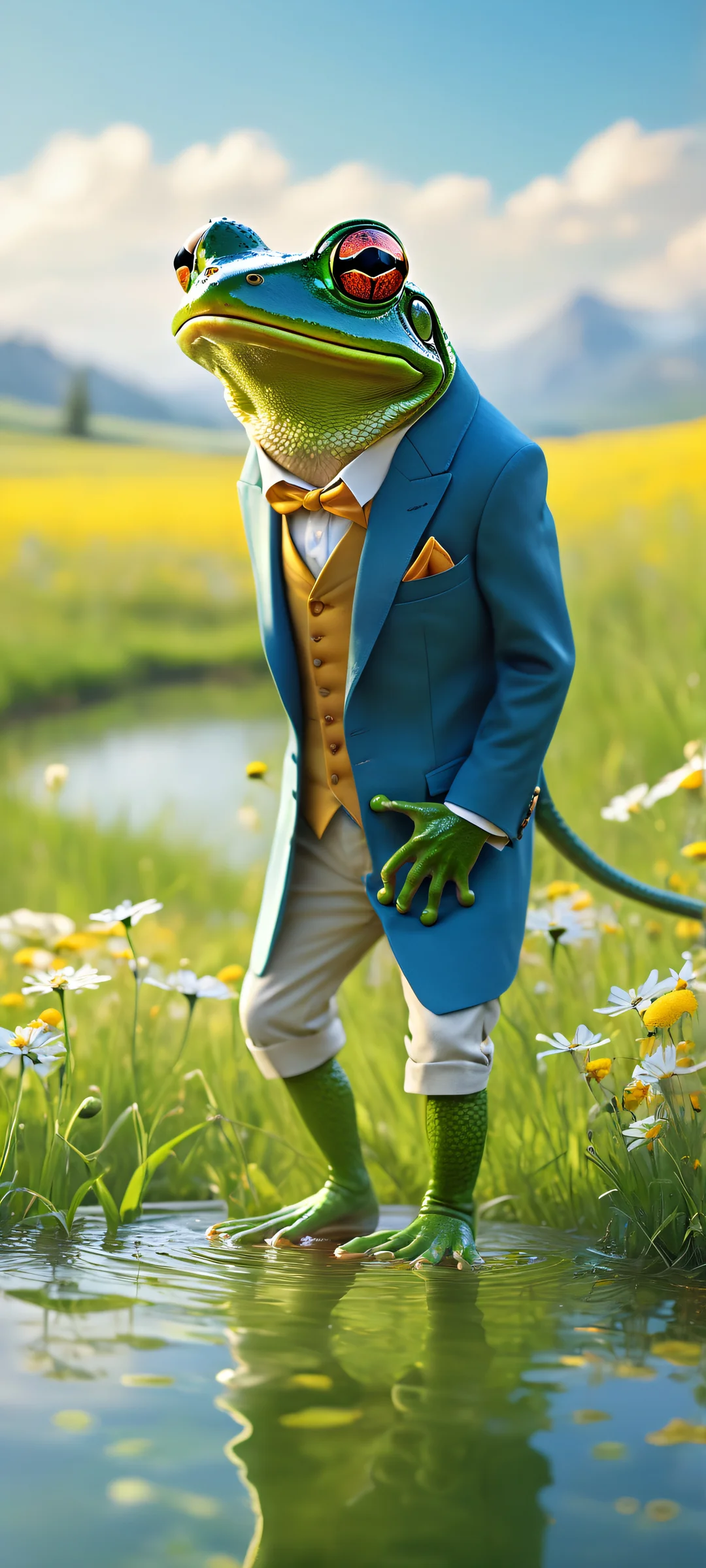 A whimsical frog in a tailored suit rides a huge mouse with a leather saddle on an iPhone or Android device, amidst a serene meadow background.