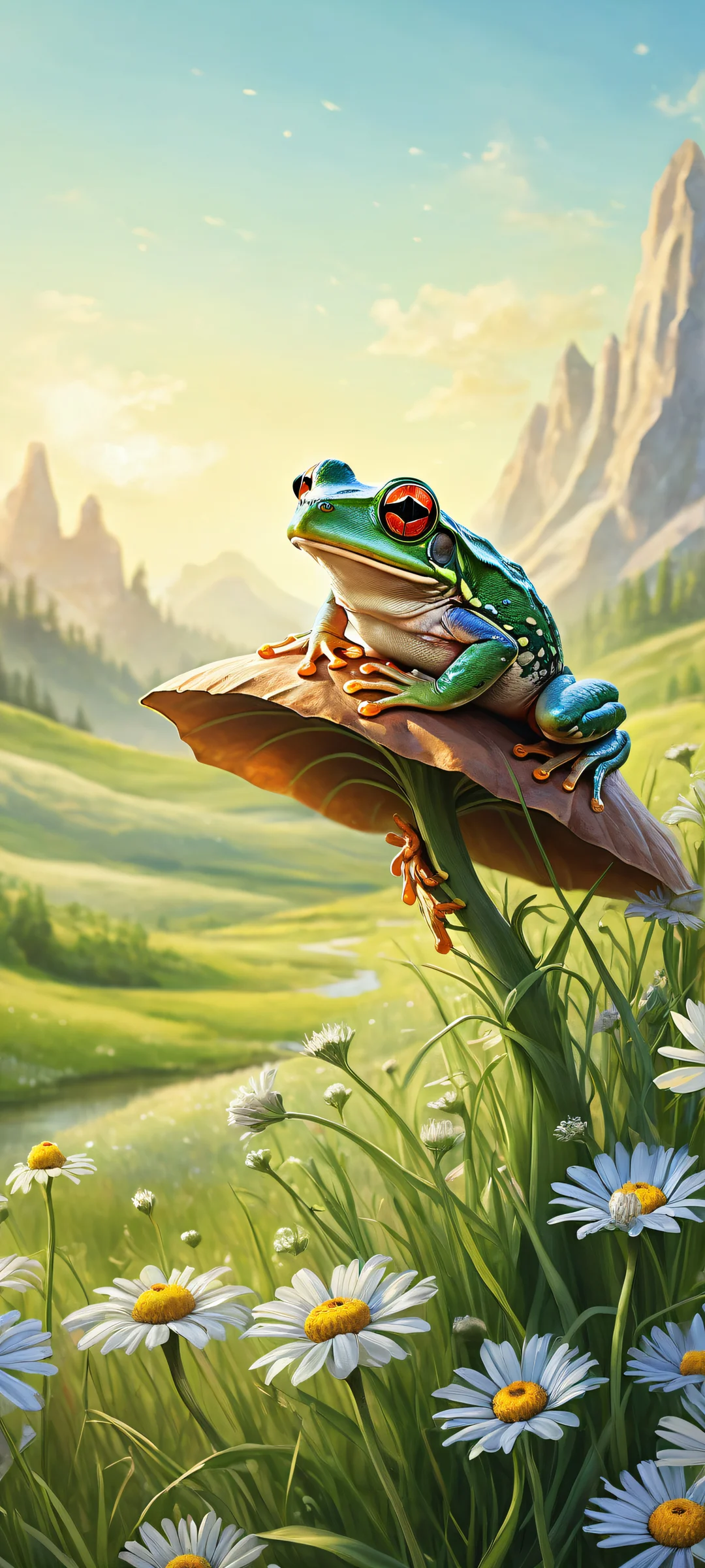 A stylish frog riding a giant mouse in a serene meadow landscape for iPhone/Android wallpapers with intricate details and soft colors.