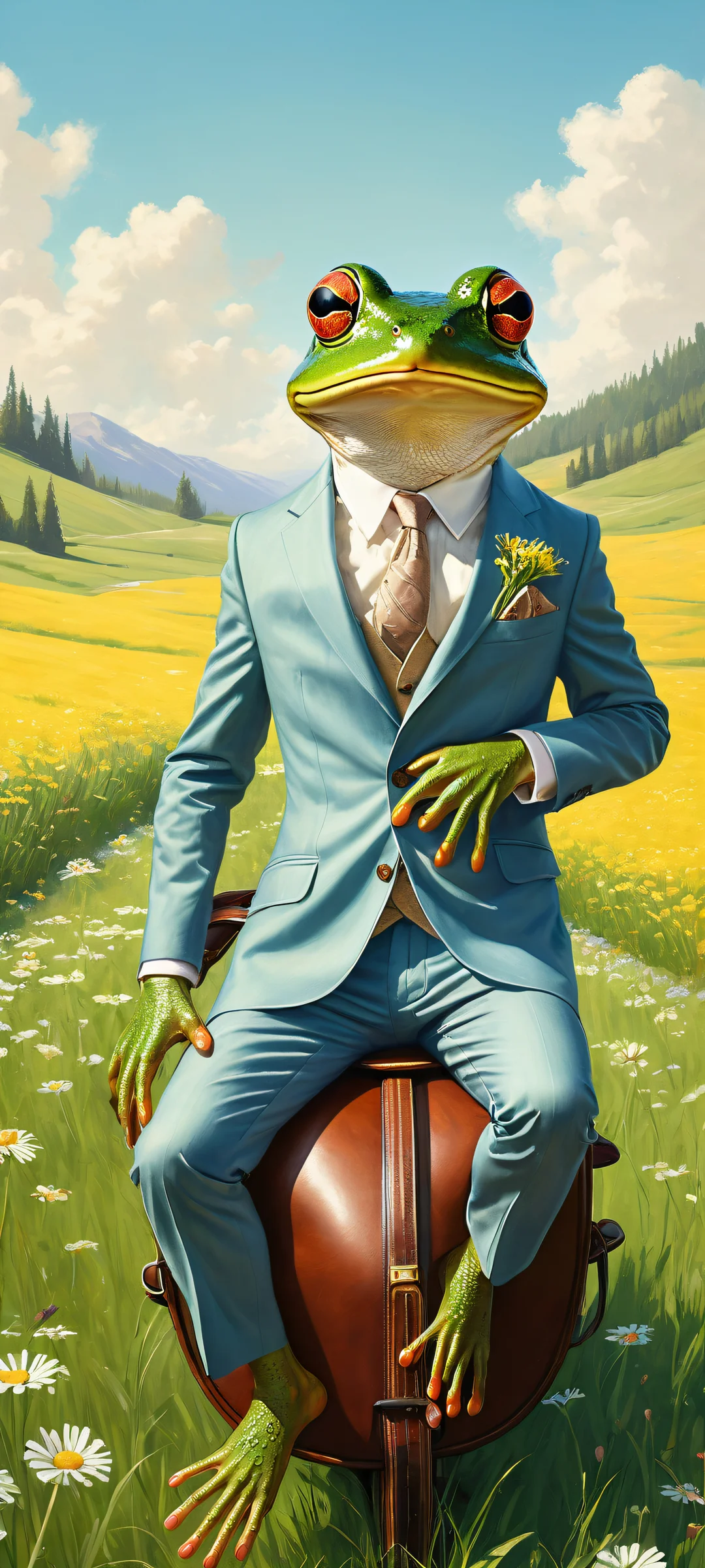 A whimsical frog riding a huge mouse with leather saddle on iPhone/Android