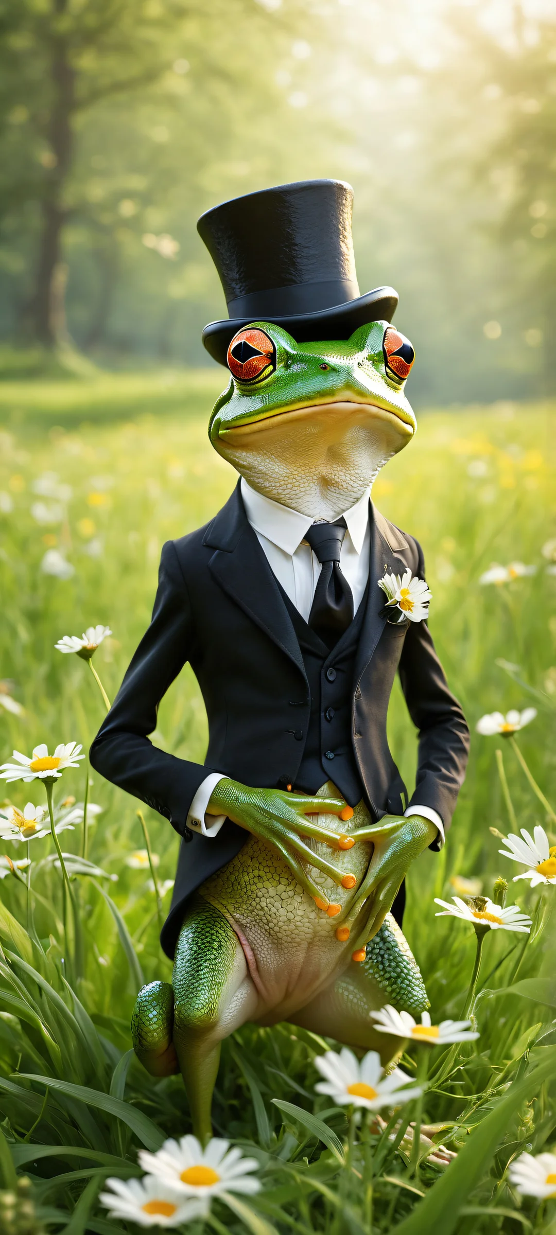 A whimsical frog riding a mouse, wearing a tailored suit and holding a black top hat, suitable for iPhone/Android wallpapers.