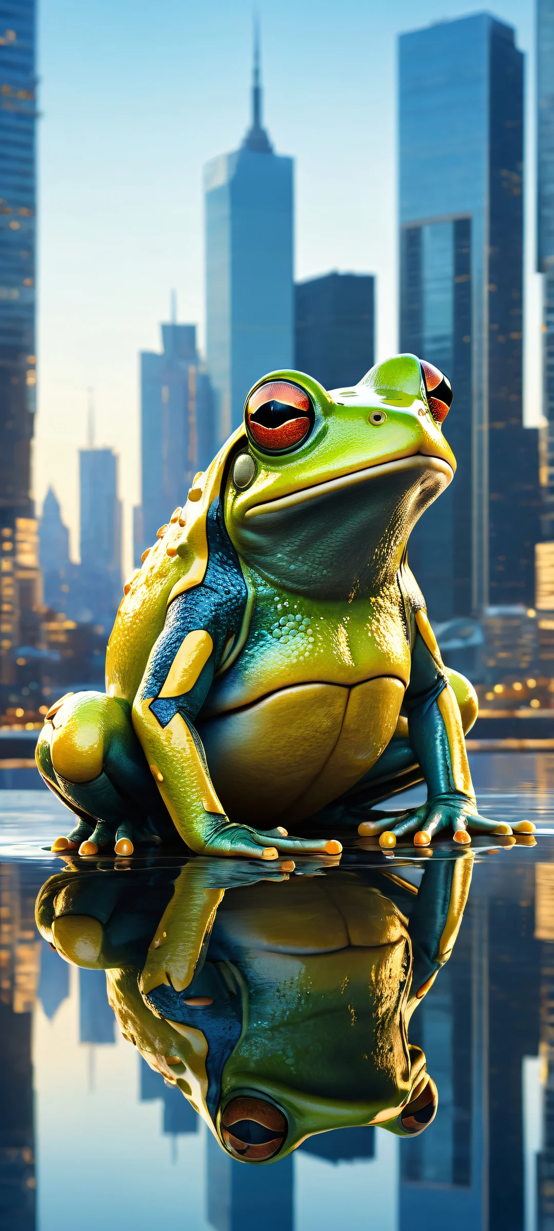Mechanical frog iPhone/Android wallpaper with a serene city skyline and reflections on the water, featuring intricate details and photorealistic rendering.
