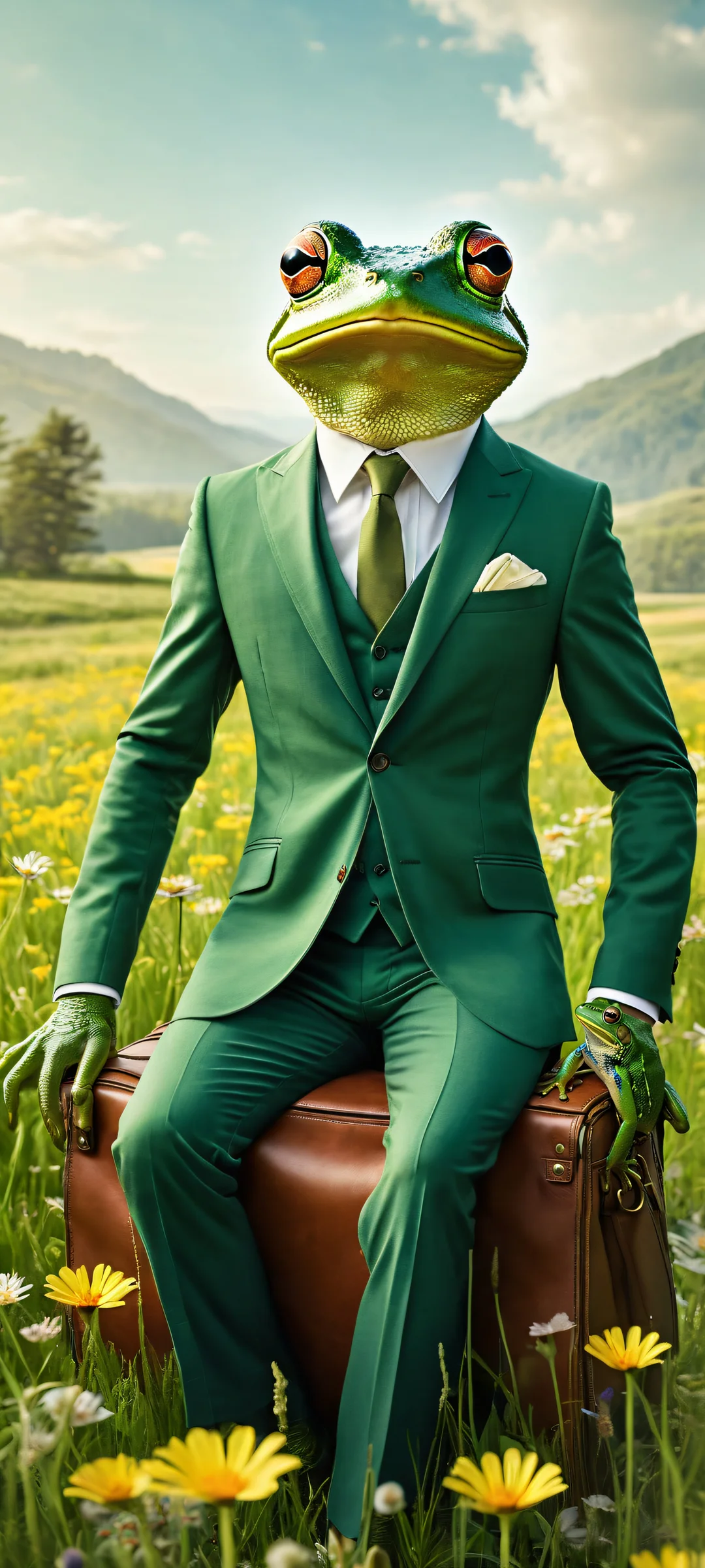 A whimsical frog in a tailored suit rides a huge mouse with a leather saddle, perfectly optimized for iPhone and Android home screens.