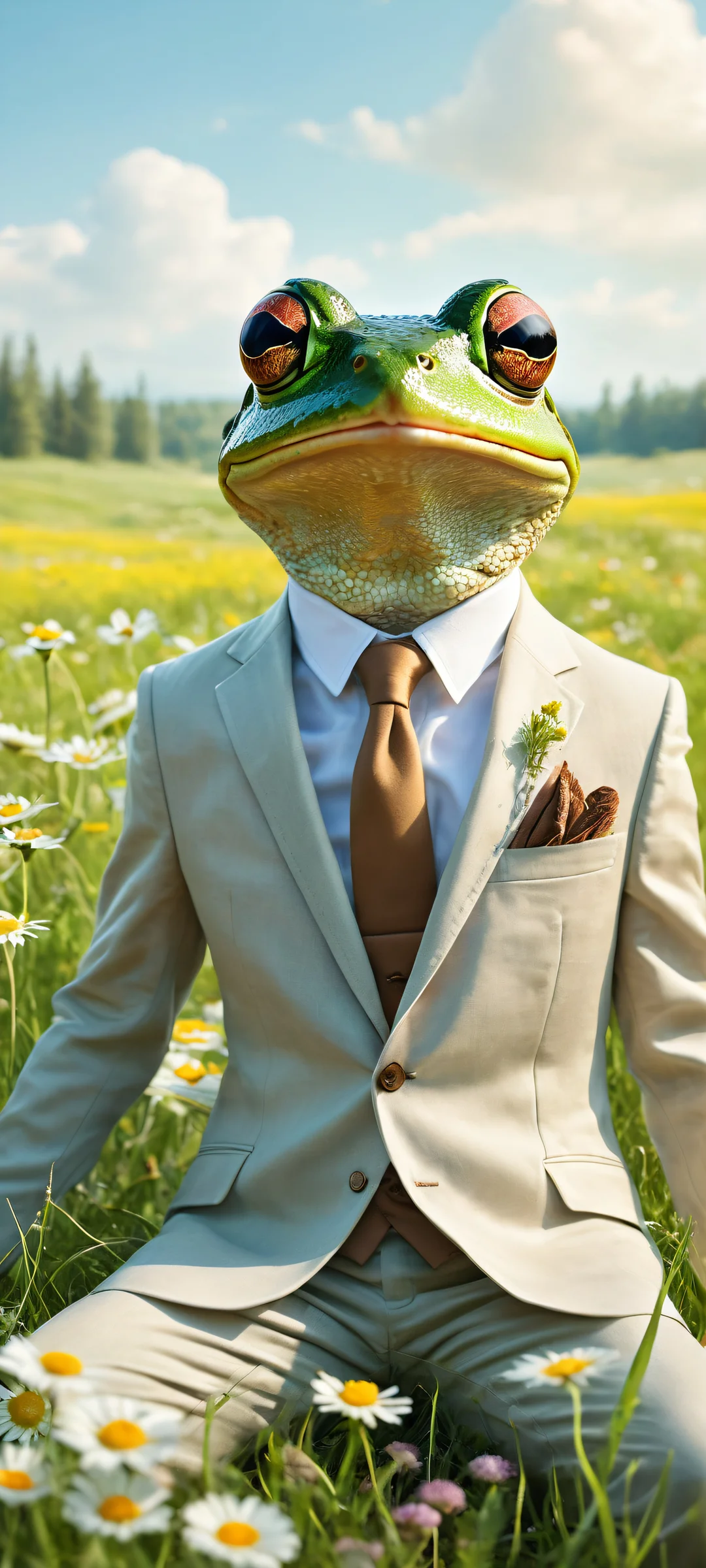Fondo de pantalla estético para teléfono Frog on Mouse Odyssey monta un ratón gigante con una silla de cuero en medio de un prado con flores silvestres y hierba verde. A whimsical frog in a tailored suit rides a giant mouse with leather saddle amidst a meadow with wildflowers and green grass, perfectly optimized for iPhone/Android home screens.