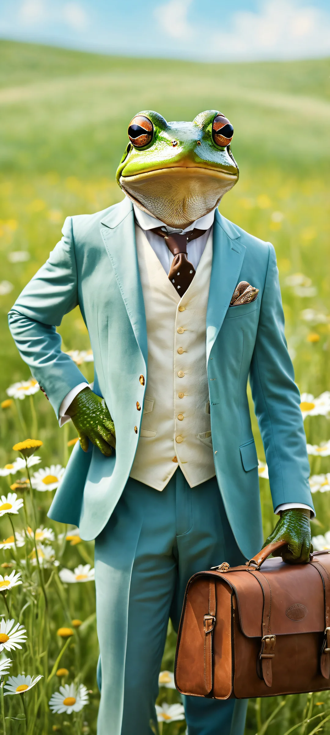 A whimsical frog in a tailored suit riding a huge mouse with a leather saddle. Perfekt für iPhone-/Android-Startbildschirme, evoking a playful storybook mood.