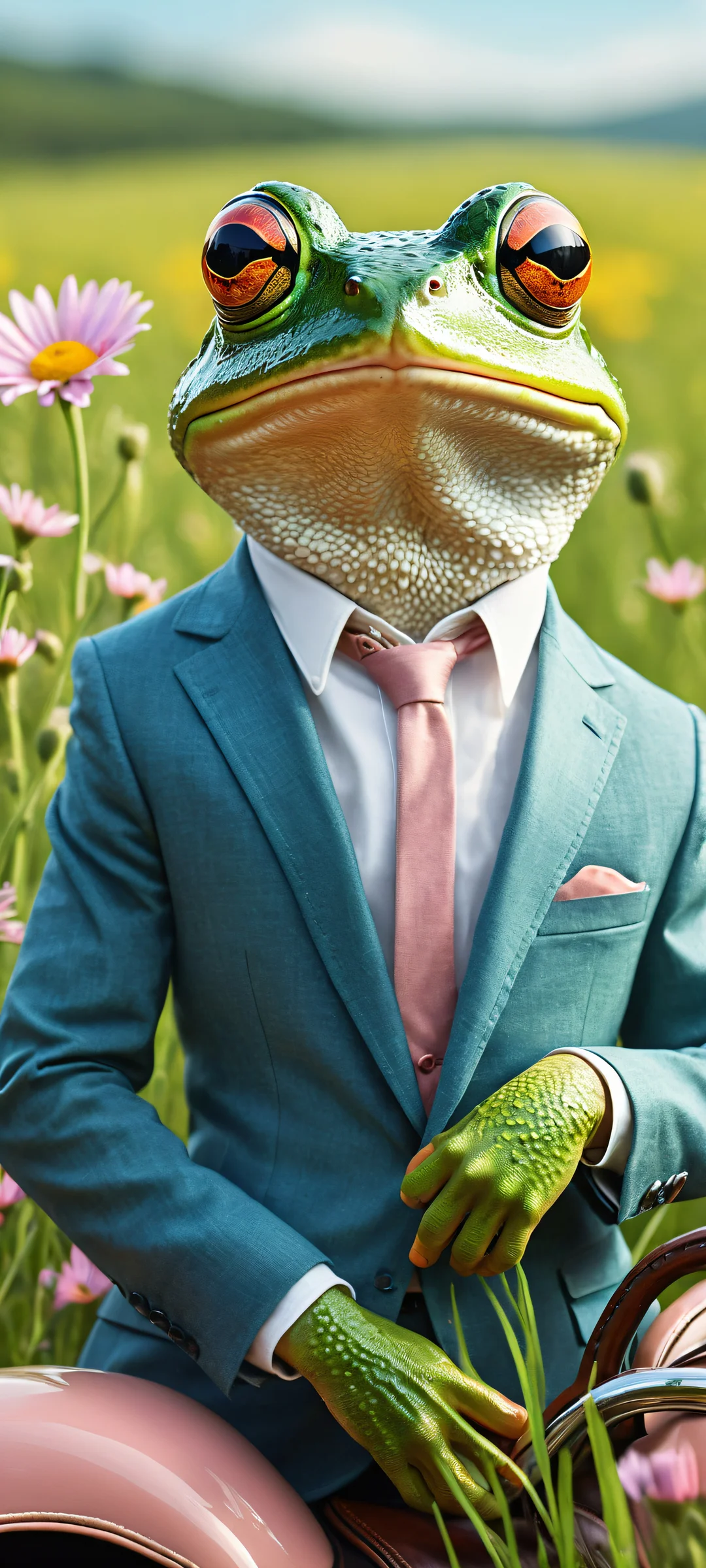 A whimsical frog in a tailored suit riding a huge mouse with a leather saddle on a meadow background. Perfectly optimized for iPhone and Android home screens.