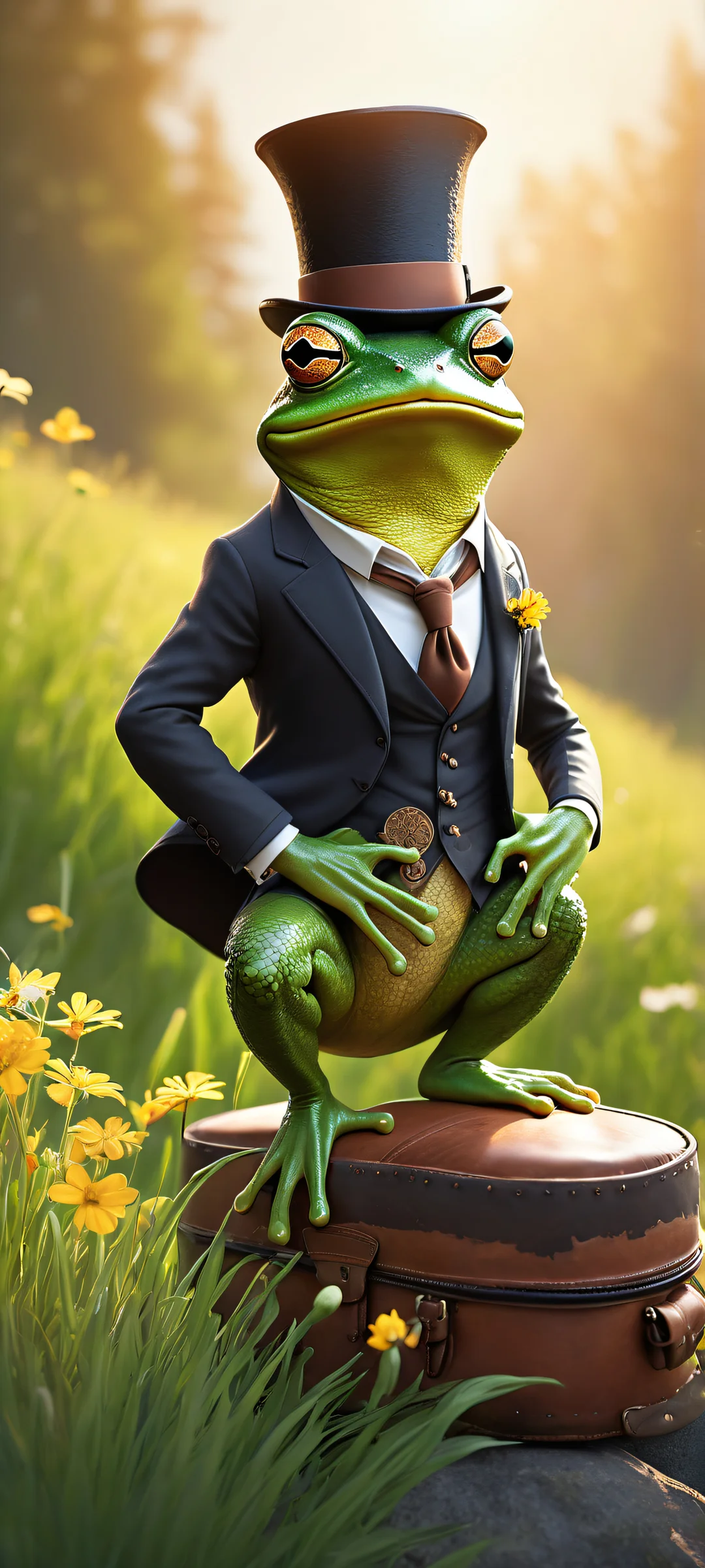 A stylish frog in a suit riding a giant mouse with a top hat on iPhone and Android home screens.