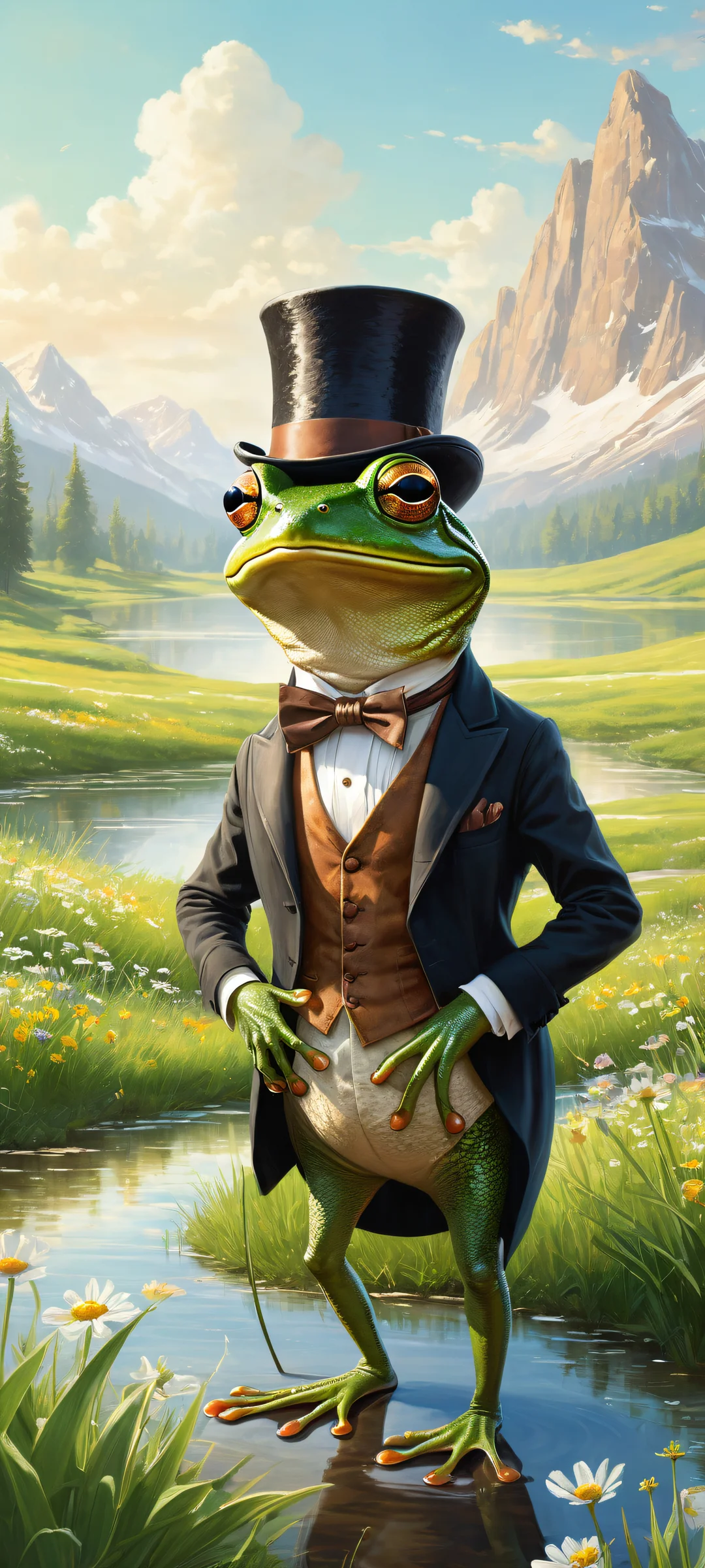 Frog's Majestic Ride 2K QHD Mobile Wallpaper A dapper frog riding a majestic mouse with a black top hat, set against a meadow background. Perfect for iPhone/Android home screens.