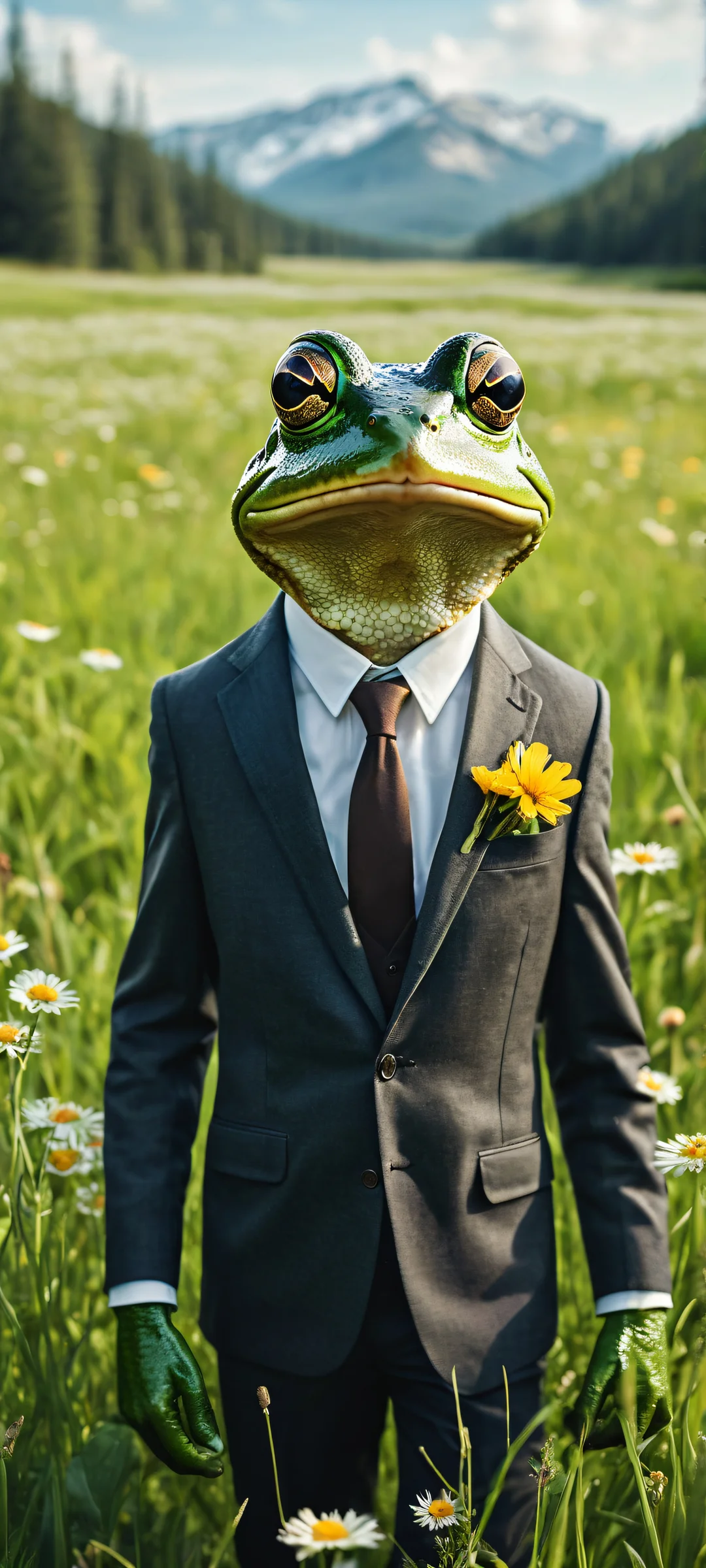 A stylized frog in a tailored suit riding a huge mouse with a leather saddle, perfectly optimized for iPhone and Android home screens.