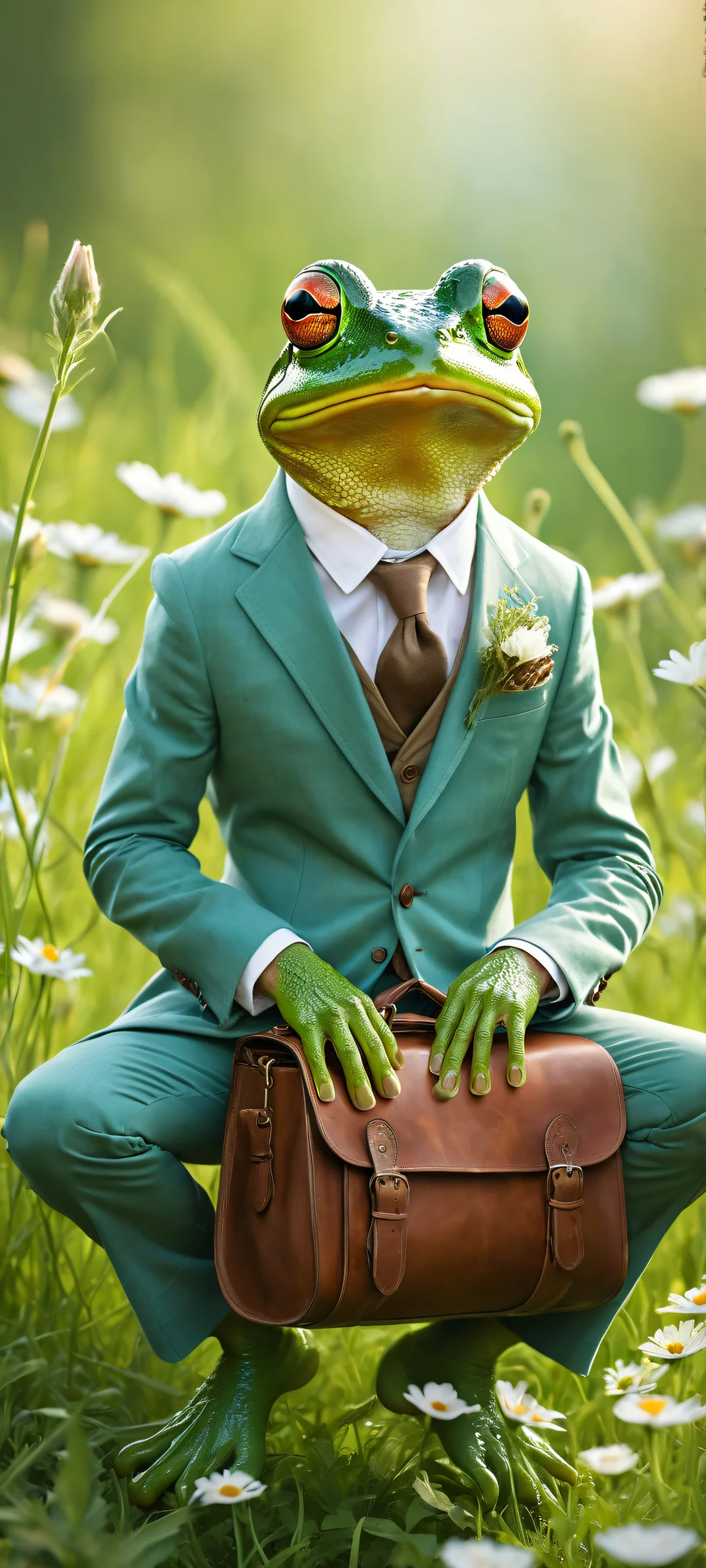 Frog's Grand Adventure 2K Mobile Background A whimsical frog in a tailored suit riding a mouse with leather saddle on iPhone/Android