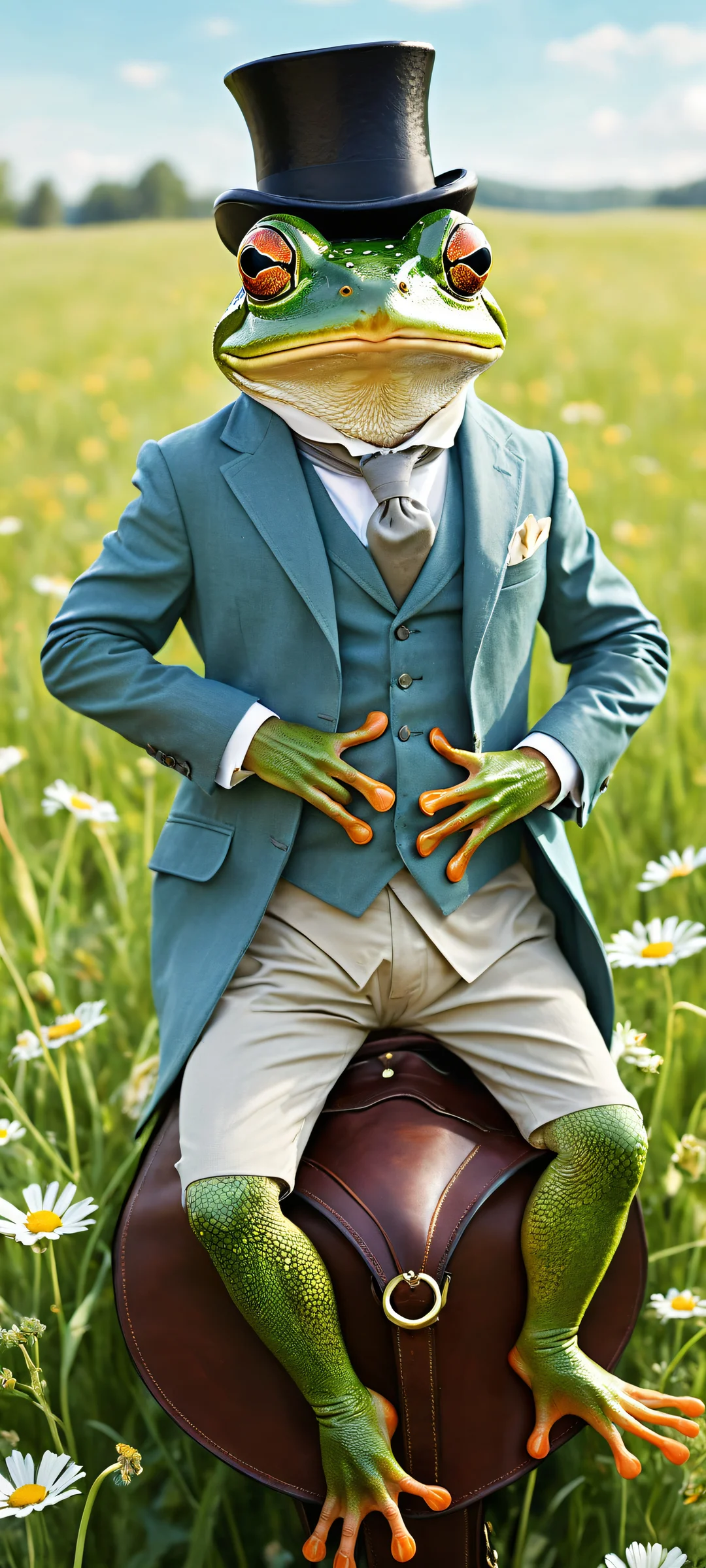 A whimsical frog in a tailored suit riding a huge mouse with a leather saddle, holding a black top hat on iPhone/Android home screens.