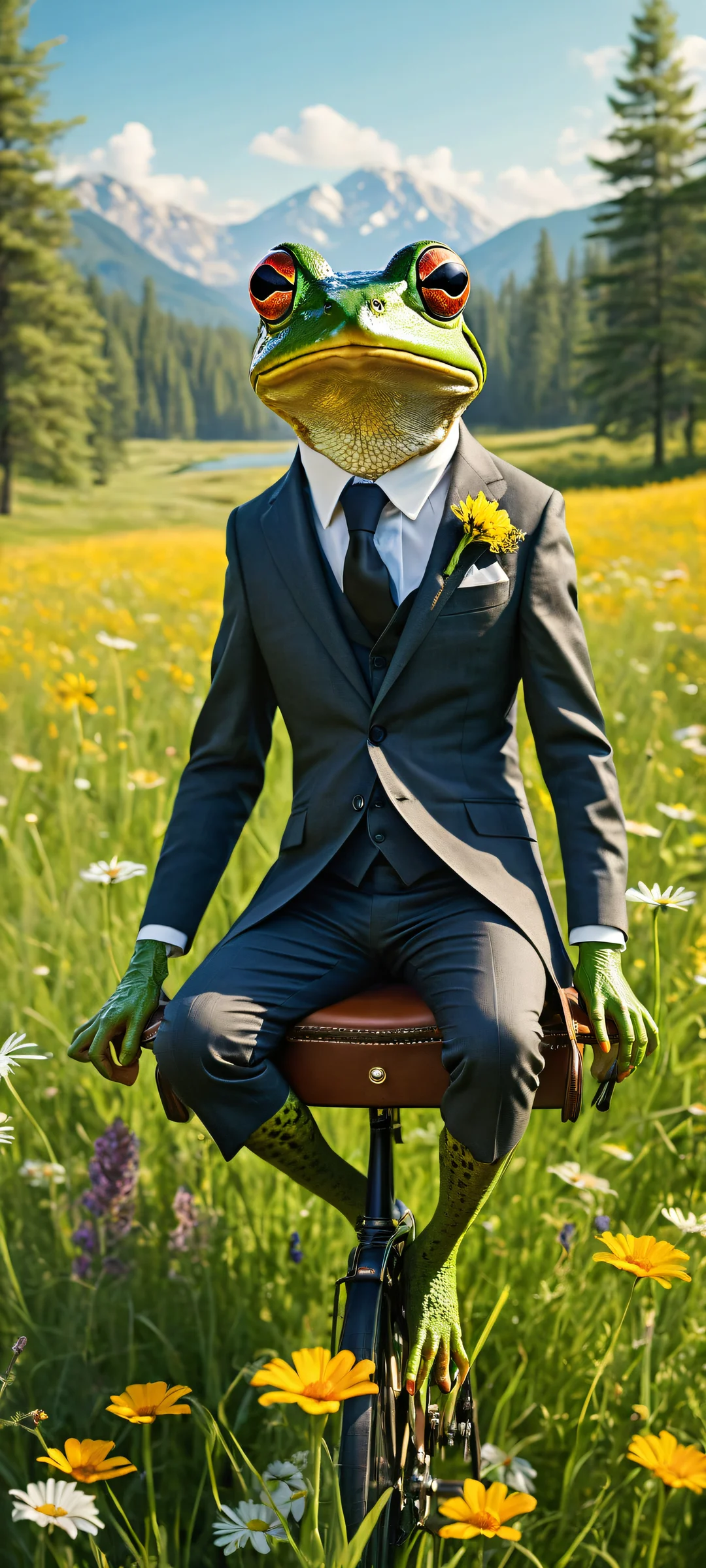 A whimsical frog in a tailored suit rides a huge mouse with a leather saddle, perfect for iPhone/Android home screens.