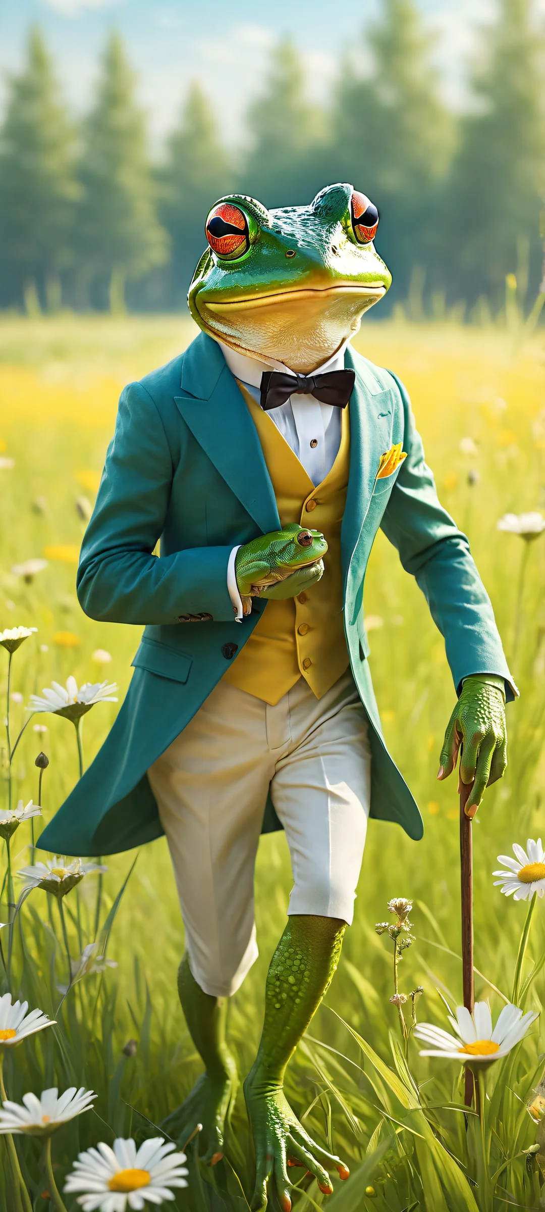 Frog's Grand Adventure 2K QHD Mobile Wallpaper A dapper frog riding a majestic mouse, set against a serene meadow background. Perfectly optimized for iPhone and Android home screens.