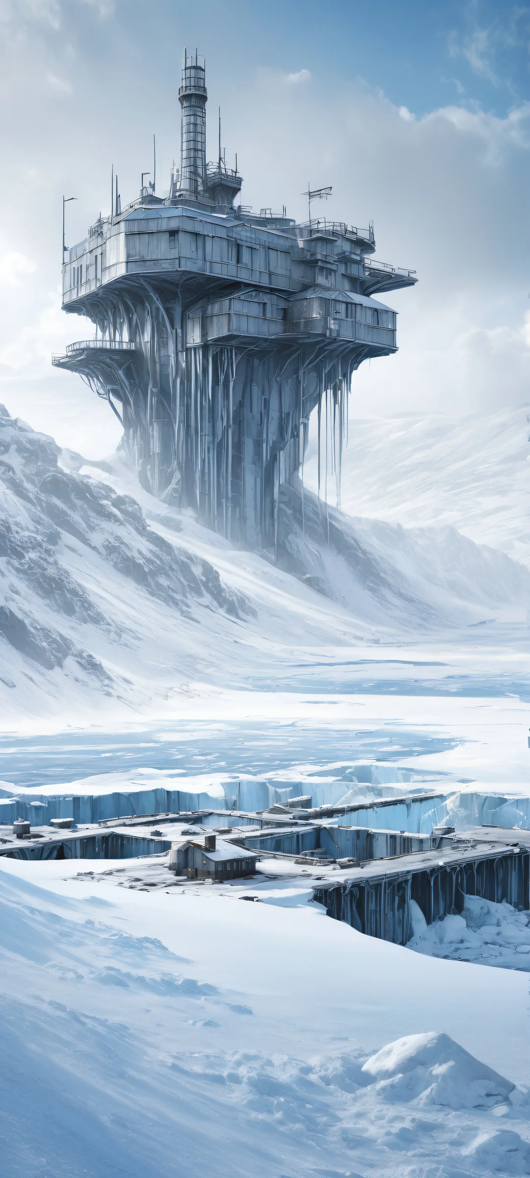 iPhone and Android compatible digital artwork of a research outpost buried in snow with intricate details, perfect for mobile home screens.