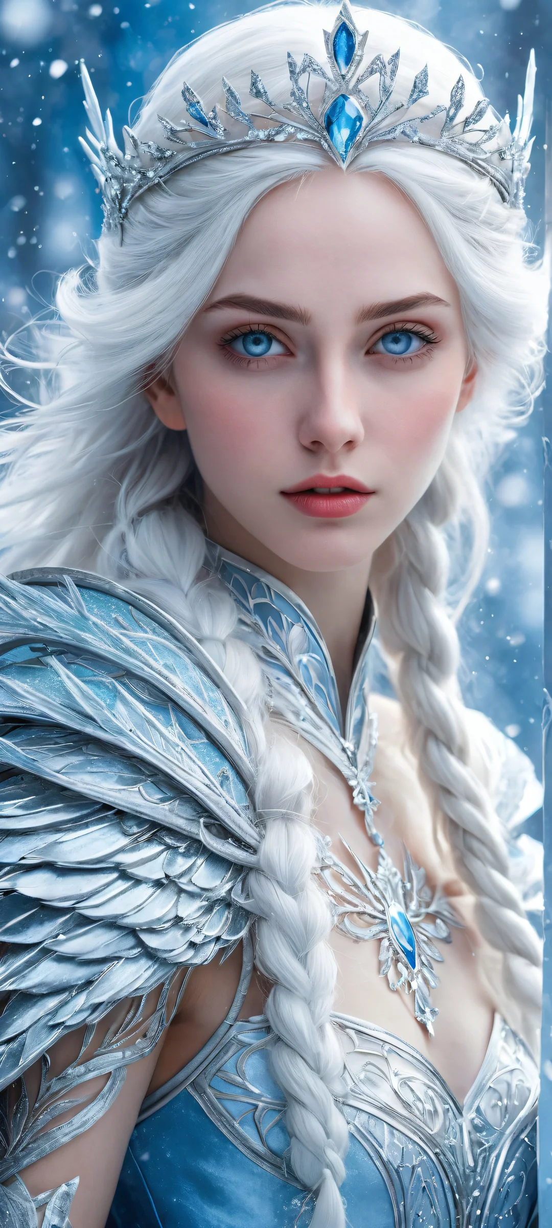 Ethereal girl with white hair and blue eyes wields glowing sword amidst falling snow on iPhone/Android home screen.