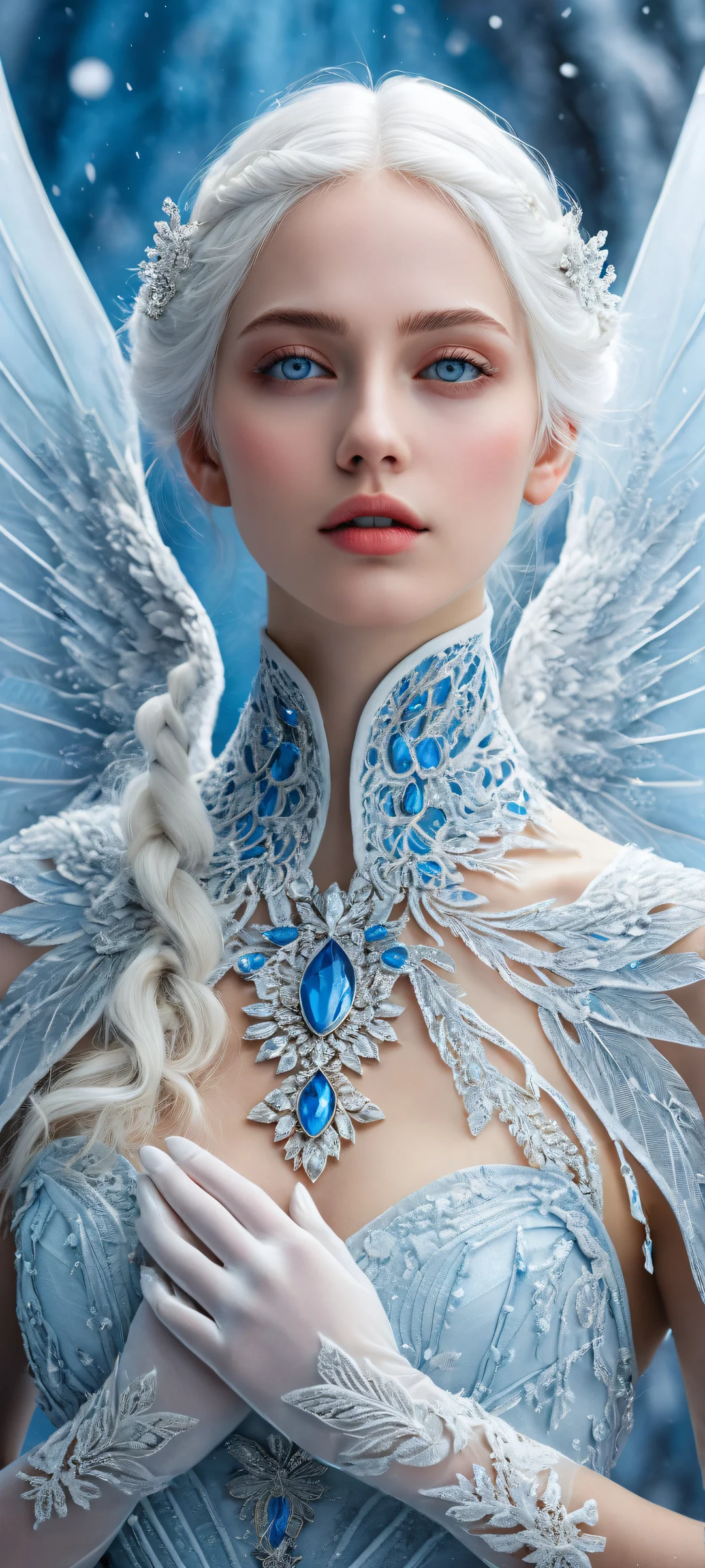 A lone girl with white hair and blue eyes stands in the lower-middle, surrounded by intricate micro-details of her icy wings and ornate gloves against a frozen blue backdrop, emitting steam from her parted lips amidst falling snow. Perfectly optimized for iPhone, Samsung Galaxy, and Android home screens.