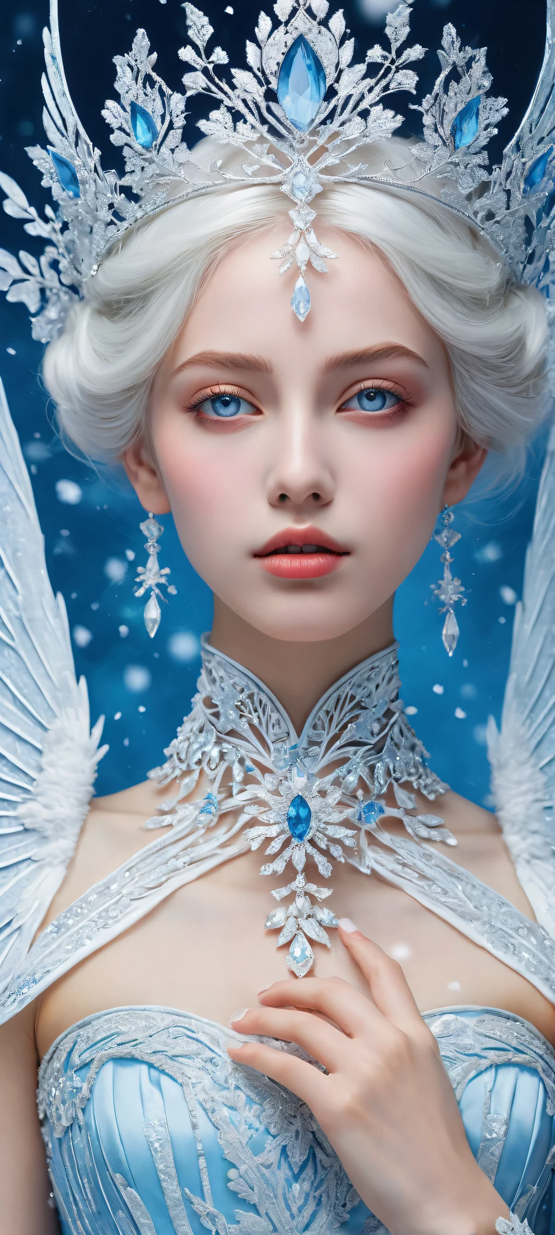 A lone girl with white hair and blue eyes stands in the lower-middle, surrounded by crystalline flakes and icy wings against a frozen blue backdrop. Perfect for iPhone/Android home screens.