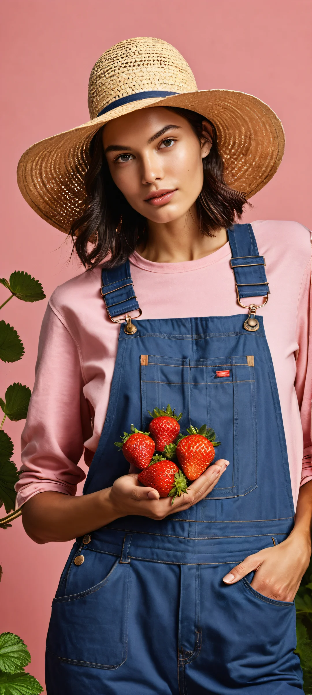 A serene scene of a farmer milking a giant strawberry, orange, and blueberry, with a hint of iPhone/Android phone in the background.