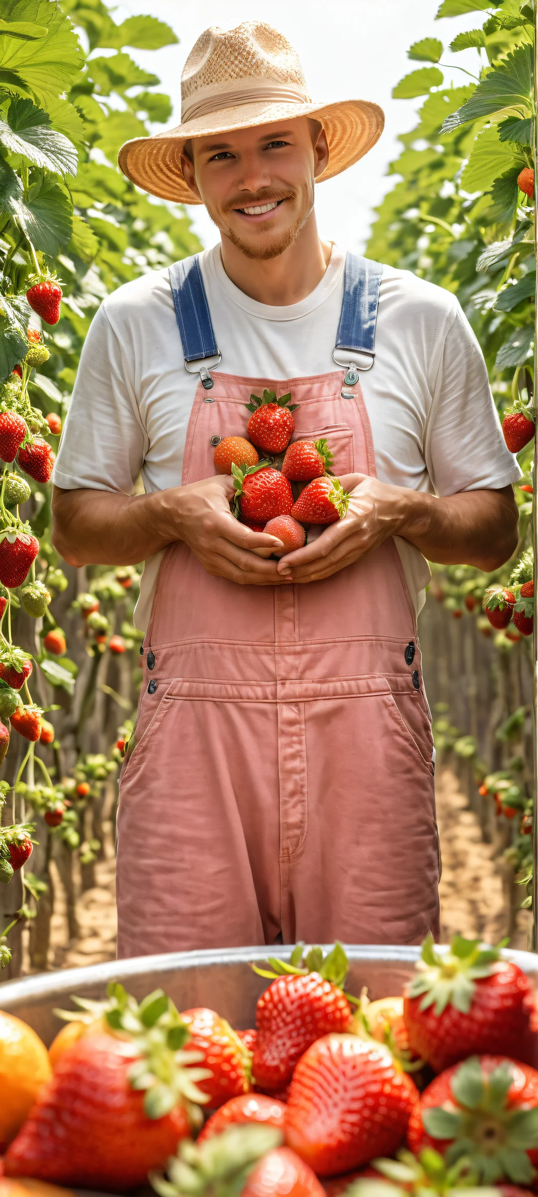 A delightful scene of a farmer milking giant strawberries, oranges, and blueberries on a sunny day. Perfeitamente otimizado para iPhone, Galáxia Samsung, e telas iniciais do Android.