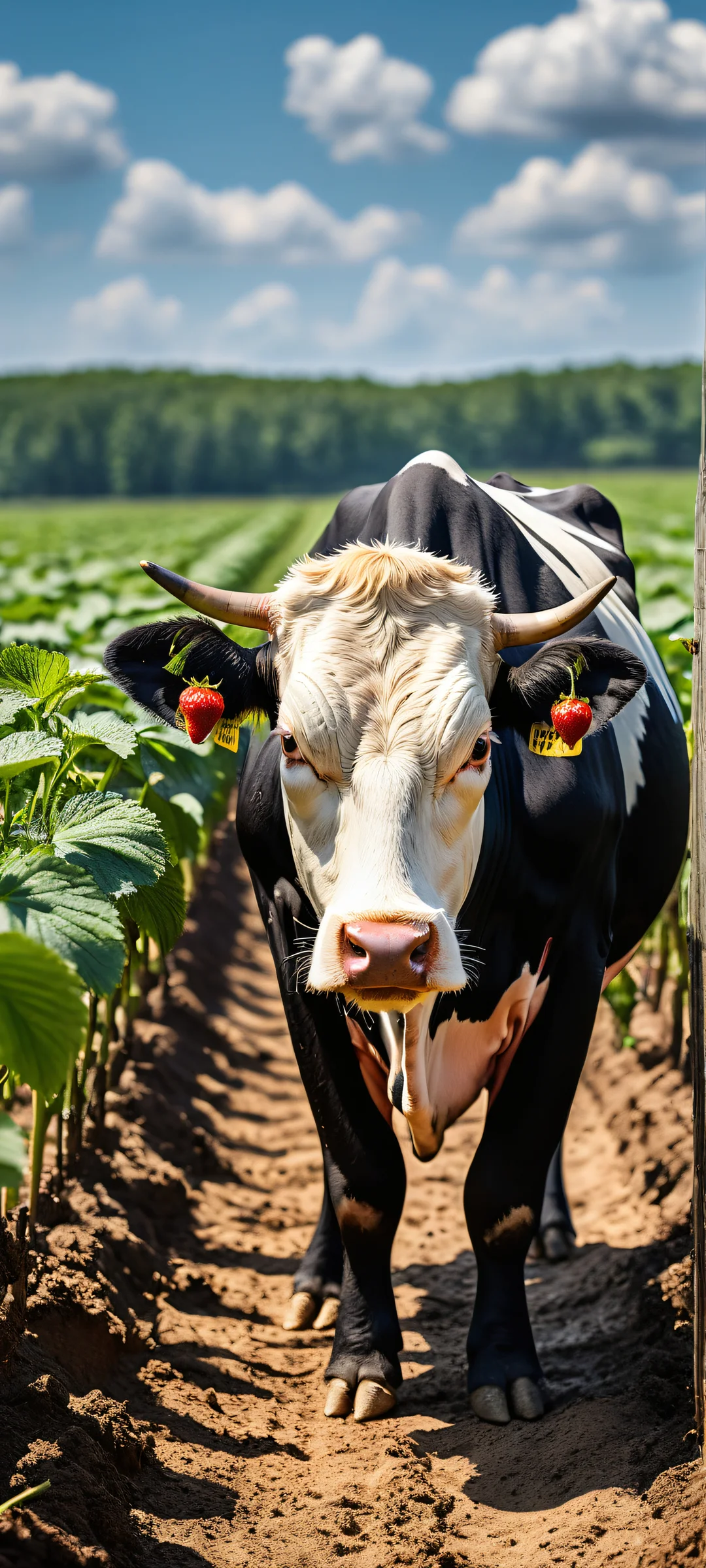 A cow-sized strawberry, orange, and blueberry being milked by a farmer on an iPhone or Android device.
