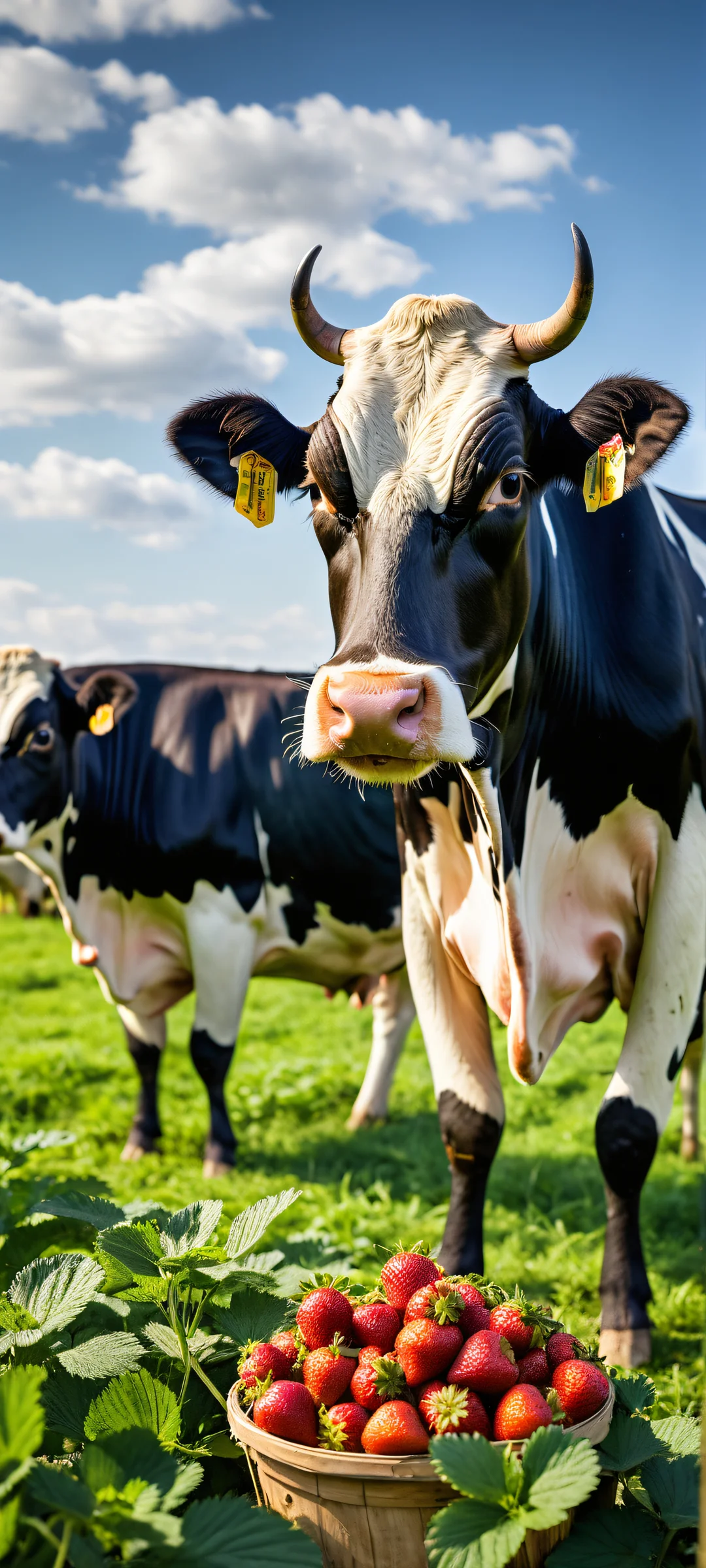 Farmer milking a trio of colorful fruit (strawberry, orange, and blueberry) on a rustic farm landscape, perfectly optimized for iPhone/Android home screens.