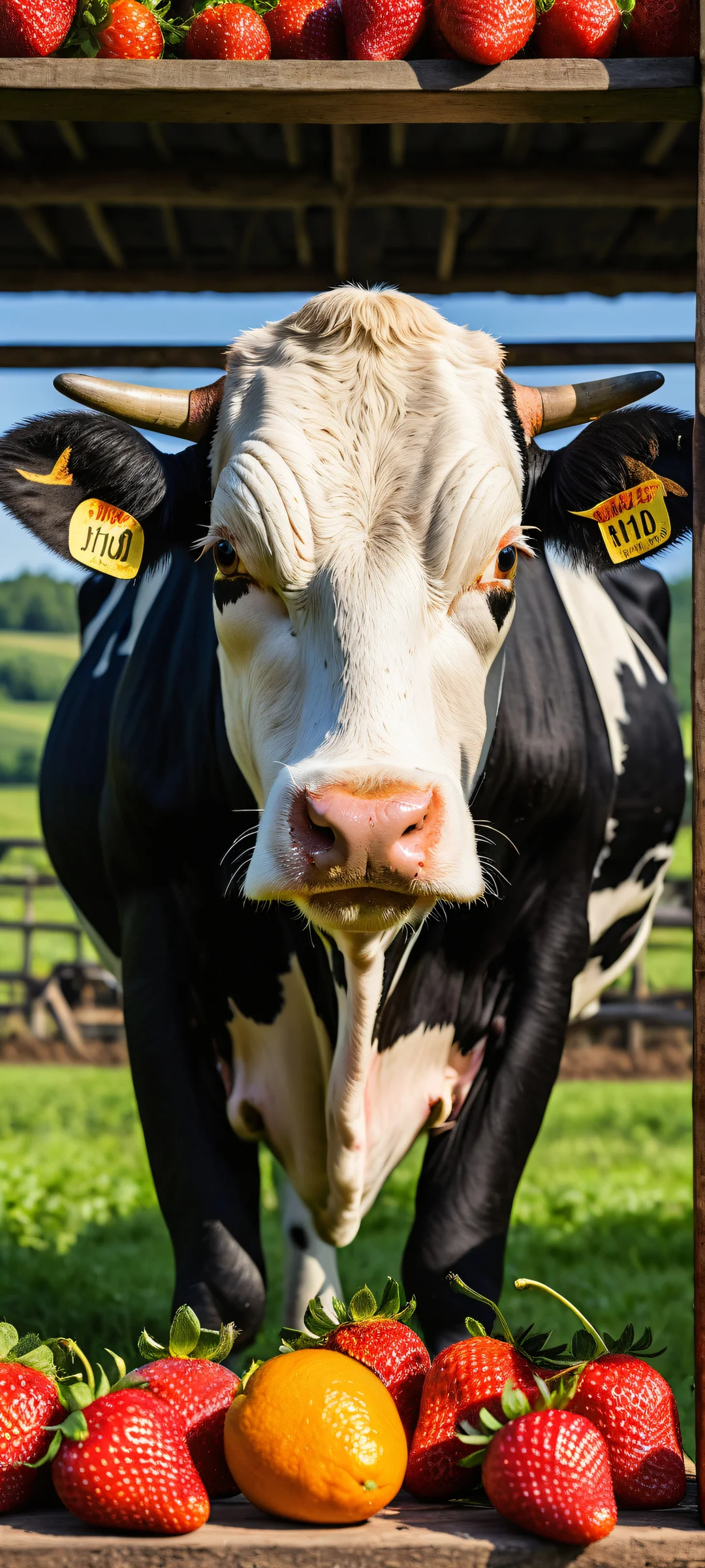 A serene scene of a cow-sized strawberry, orange, and blueberry getting milked by a farmer, with iPhone/Android devices perfectly optimized for a stunning background.