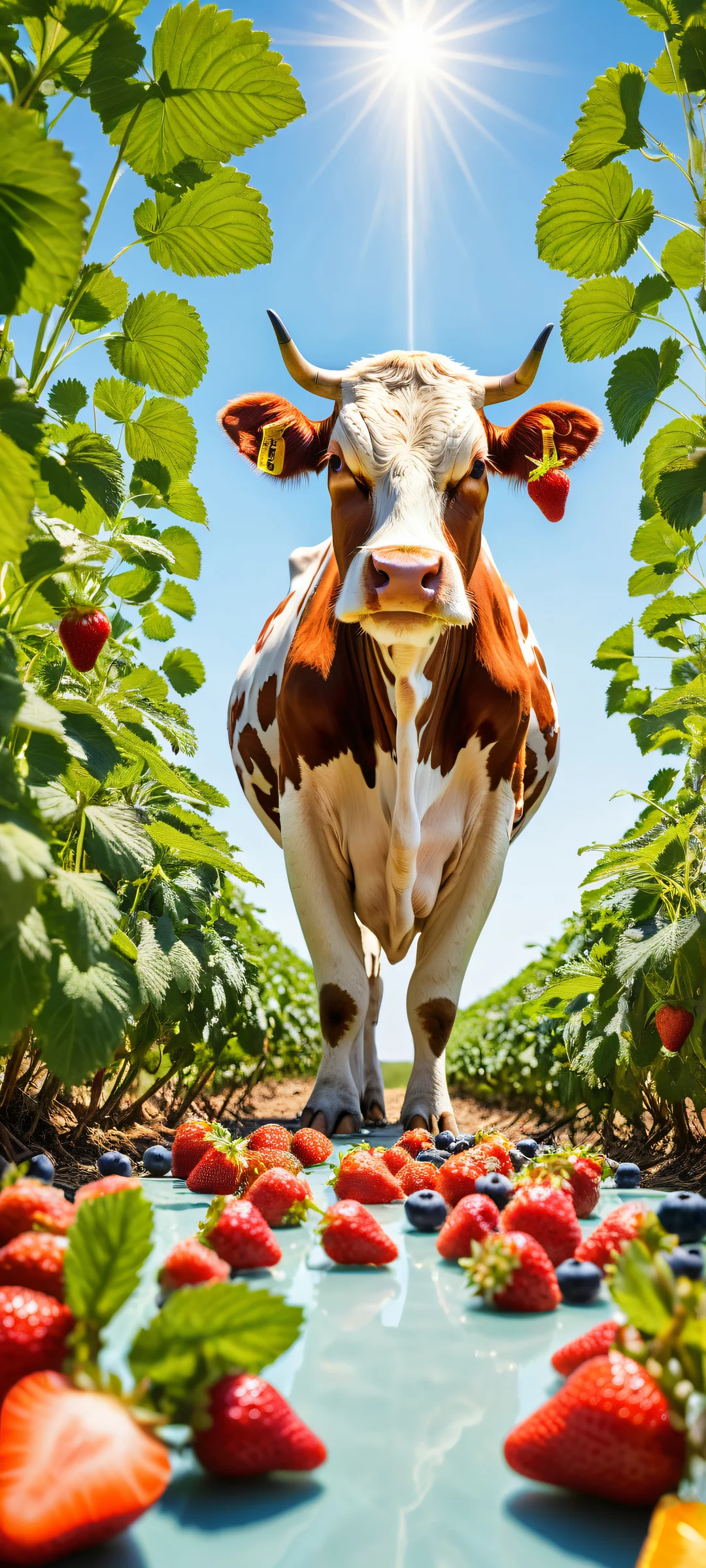 iPhone and Android users will love this breathtaking portrait artwork of a cow-sized strawberry, orange, and blueberry getting milked by a farmer. Perfekt für Homescreens!