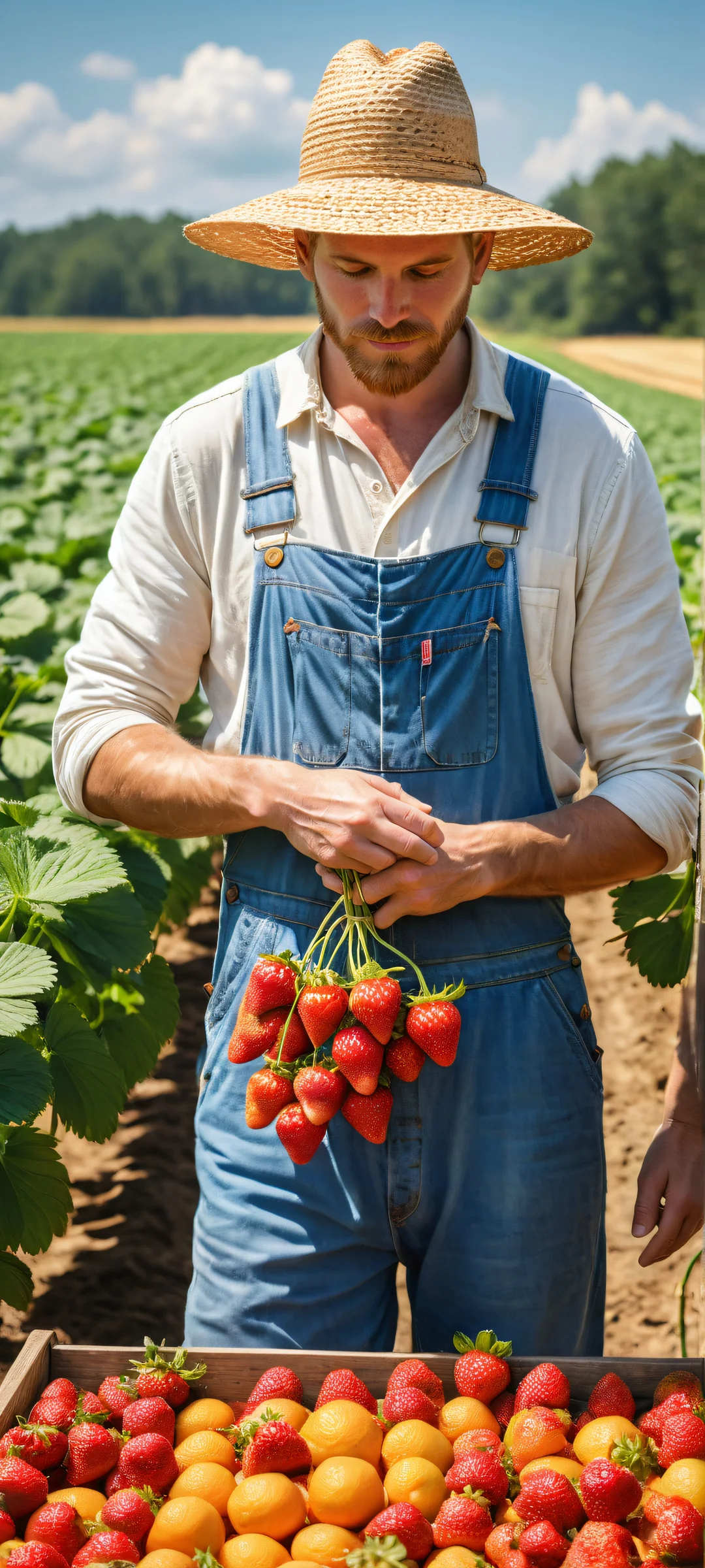 A cow-sized strawberry, orange, and blueberry being milked by a farmer against a blank canvas. Perfectly optimized for iPhone, Samsung Galaxy, and Android home screens.