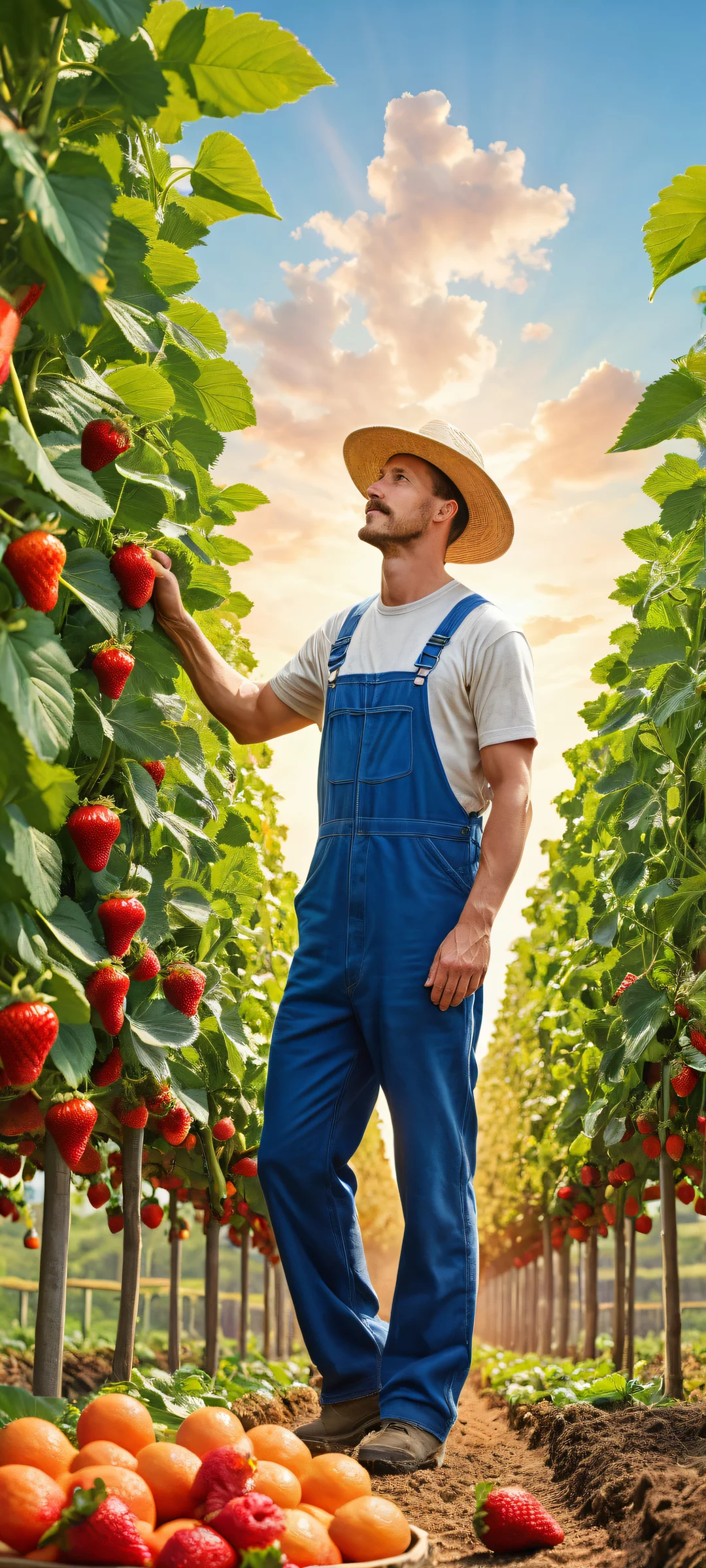 Cow-sized fruit farm scene featuring strawberries, oranges, and blueberries being milked by a farmer on an iPhone or Android device.