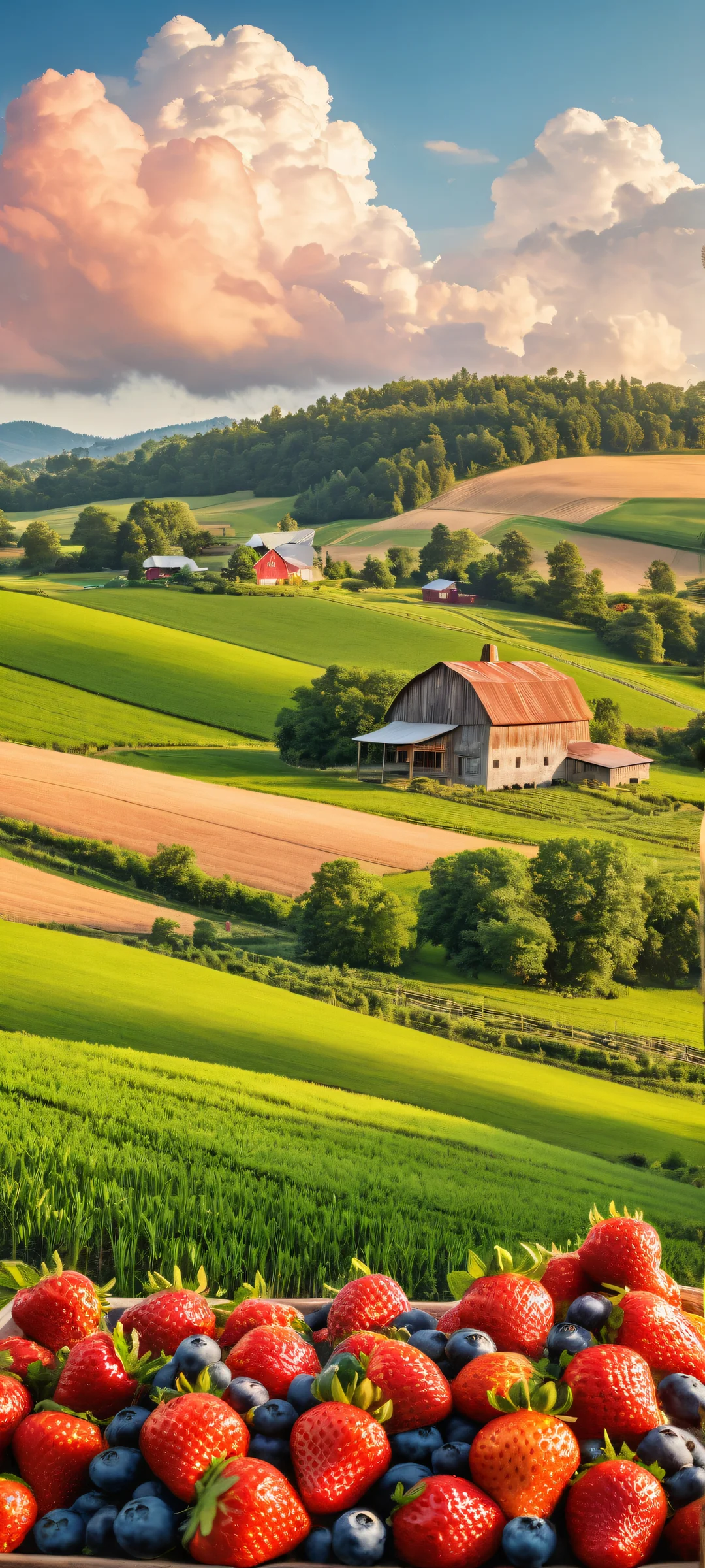 A majestic fruit stand surrounded by a serene farm landscape on an iPhone or Android phone.