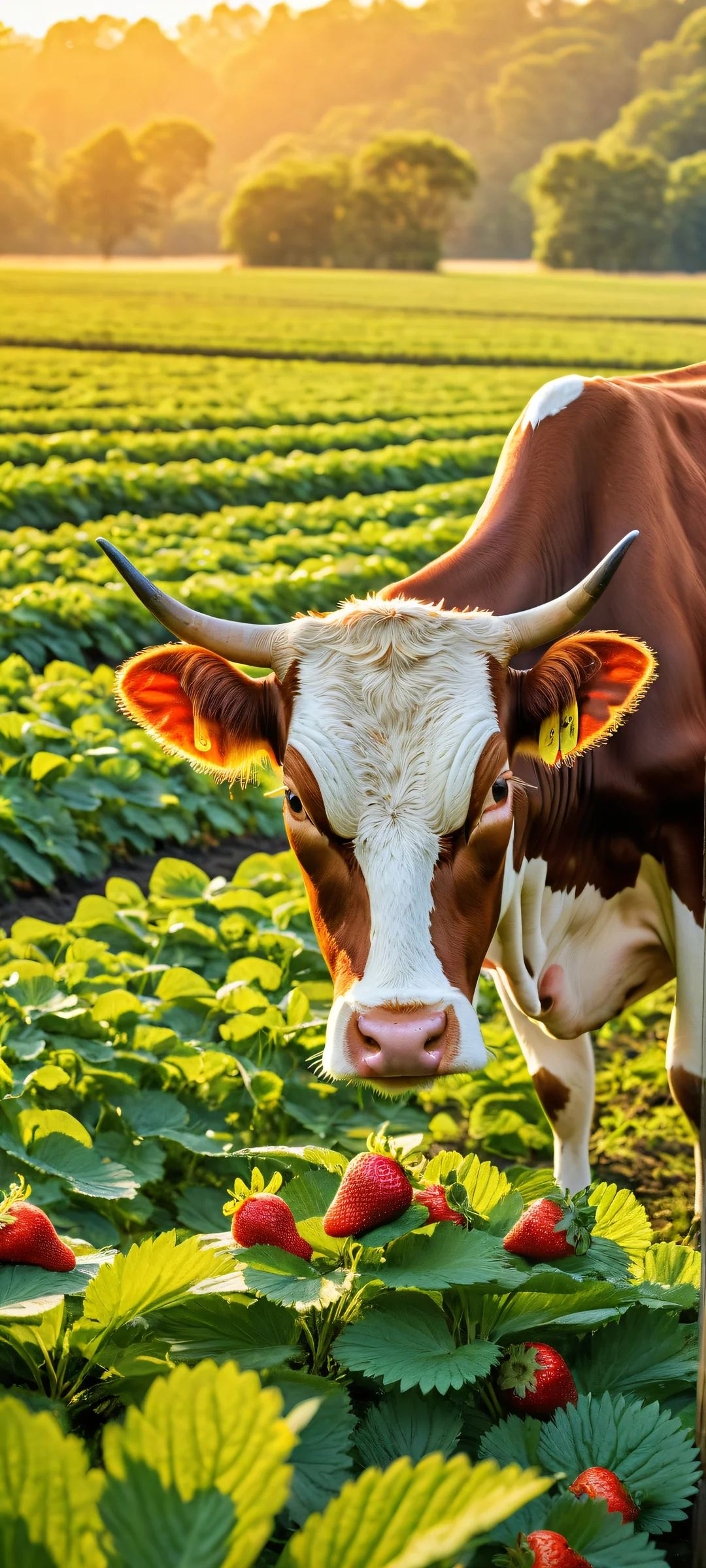A serene farm scene with a cow-sized strawberry, orange, and blueberry perfectly placed in the lower-middle, surrounded by lush green grass and warm sunlight. Suitable for iPhone/Android home screens.