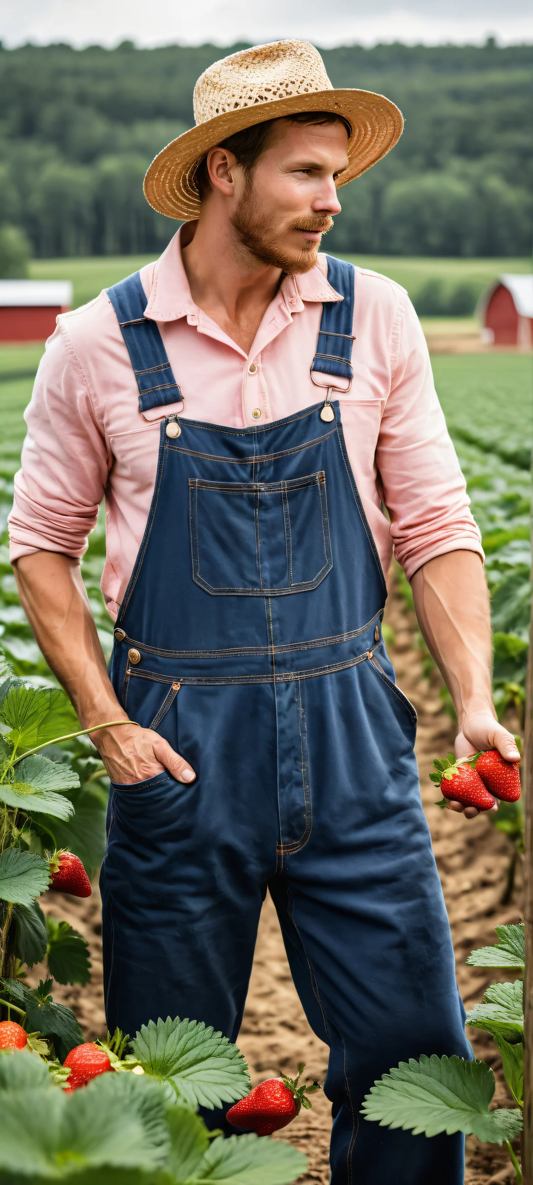 A serene farm scene featuring a cow-sized strawberry, orange, and blueberry being milked by a farmer on an iPhone/Android device.